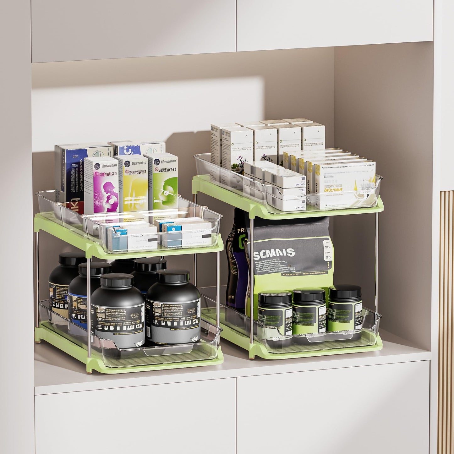Delamu 2 Sets of 2-Tier Multi-Purpose Bathroom Under Sink Organizers and Storage, Stackable Kitchen Pantry Organization