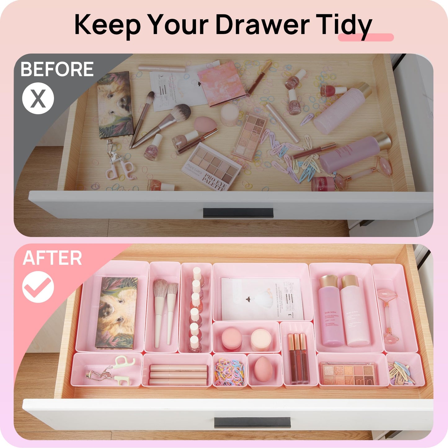 Vtopmart 25 PCS Clear Plastic Drawer Organizers Set, 4-Size Versatile Bathroom and Vanity Drawer Organizer Trays