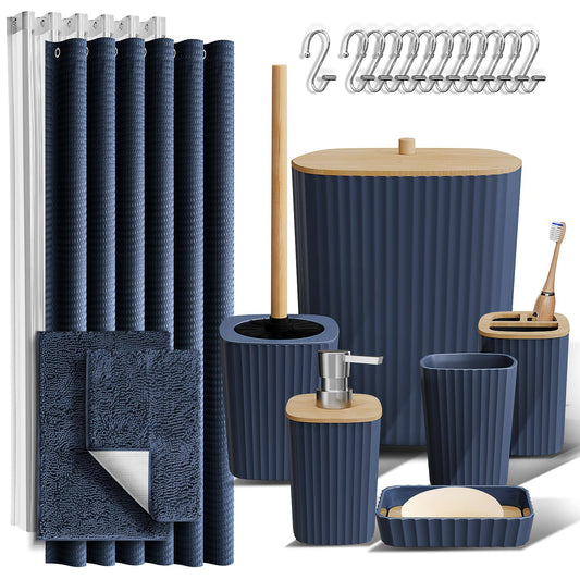 Clara Clark Bathroom Accessories Set - Bathroom Set, 20PC Bathroom Accessory Set, Black Shower Curtain Set, Toilet Brush, Trash Can & Soap Dispenser