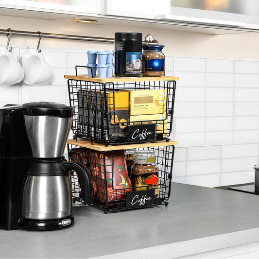 2 Set XXL Stackable Wire Basket with Bamboo Tops & Tag- Pantry Organizer and Storage Bins