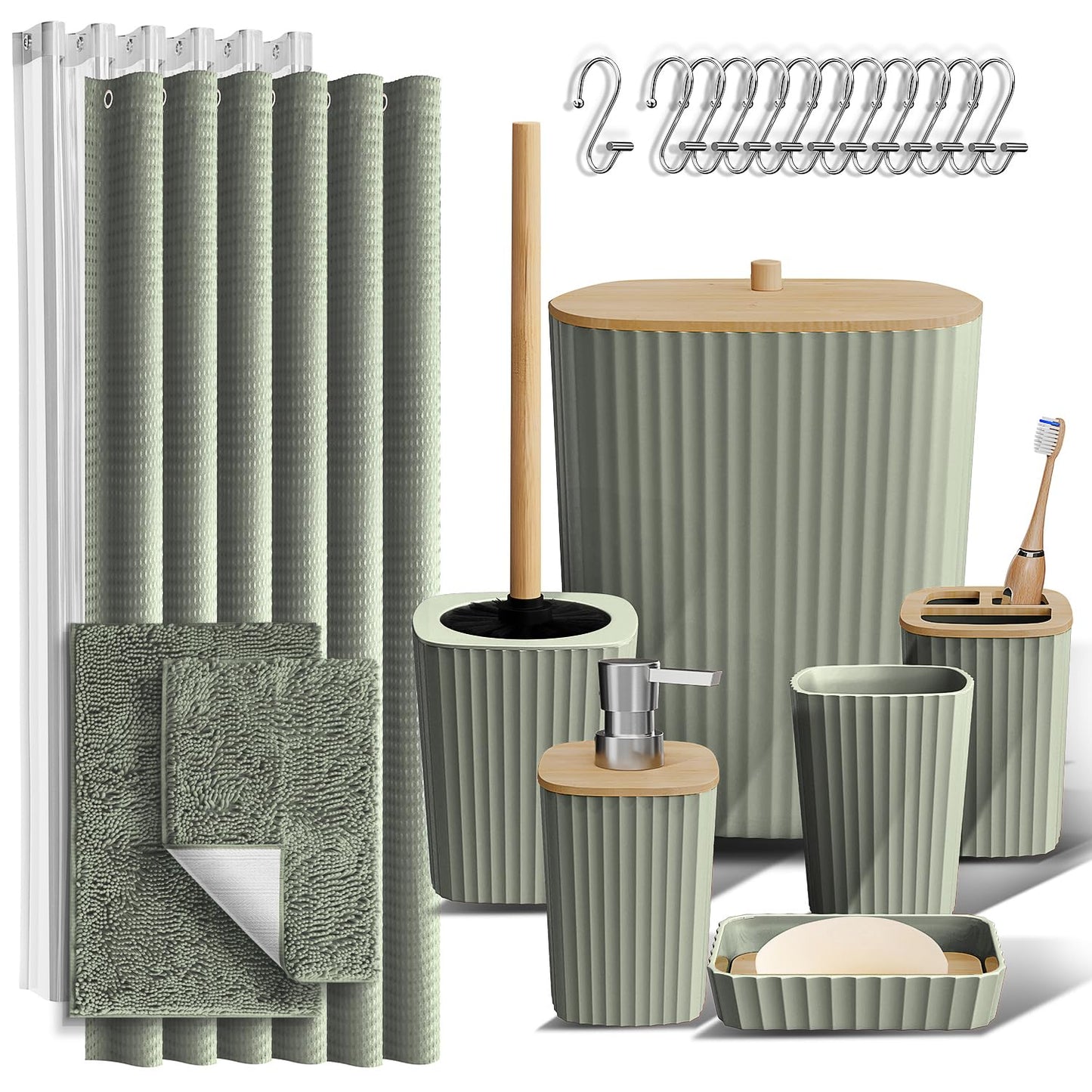 Clara Clark Bathroom Accessories Set - Bathroom Set, 20PC Bathroom Accessory Set, Black Shower Curtain Set, Toilet Brush, Trash Can & Soap Dispenser