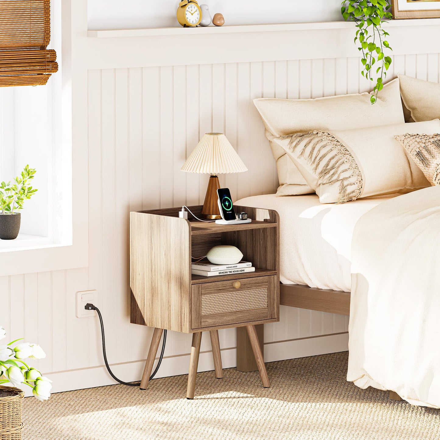 SUPERJARE Nightstands Set of 2, Night Stands with Charging Station & PE Rattan Decor Drawer, Bed Side Tables with Solid Wood Feet, End Table, for Bedroom, Living Room - Natural
