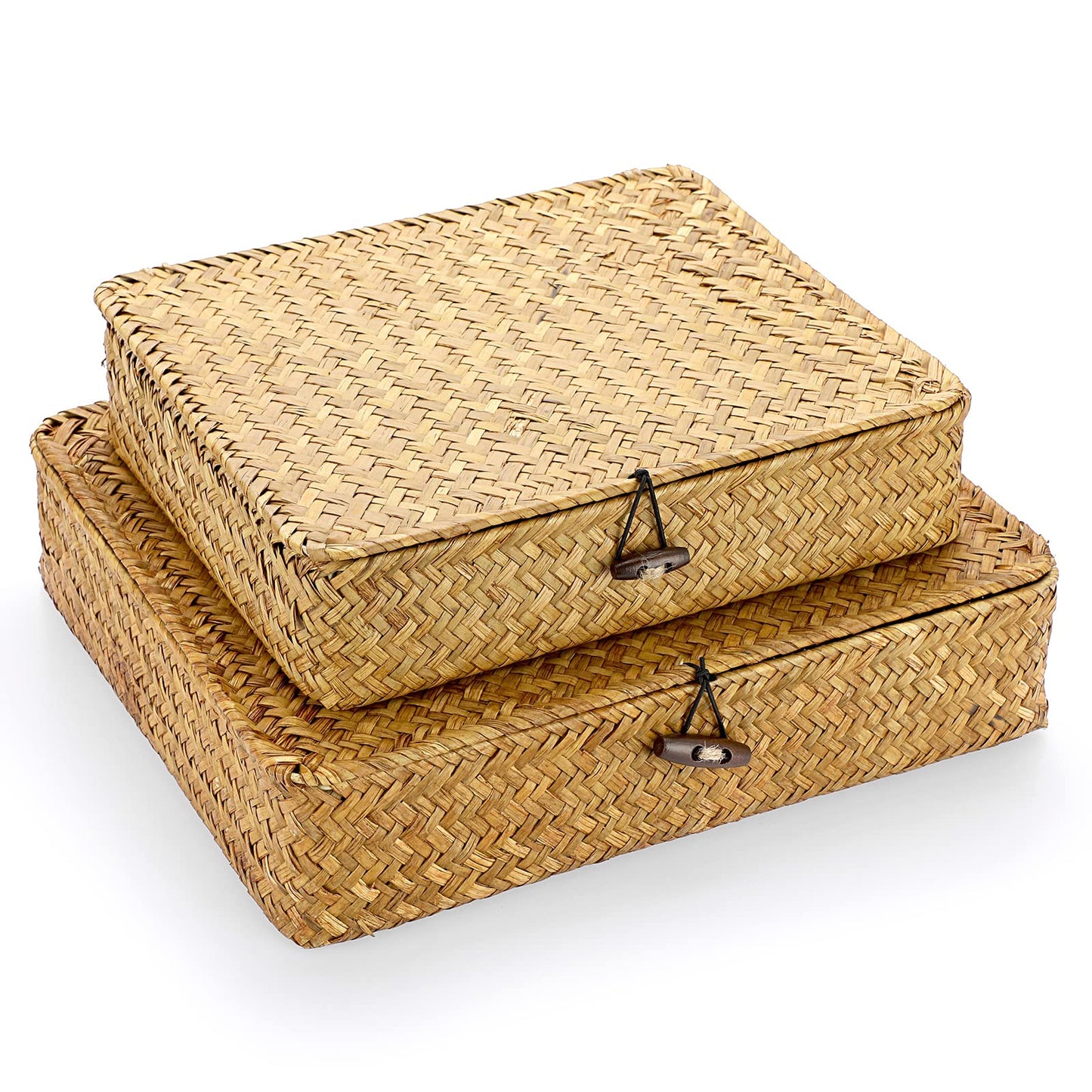 Hipiwe Set of 2 Flat Woven Wicker Storage Bins with Lid Natural Seagrass Basket Multipurpose Home Boxes for Shelf Organizer (Coffee)