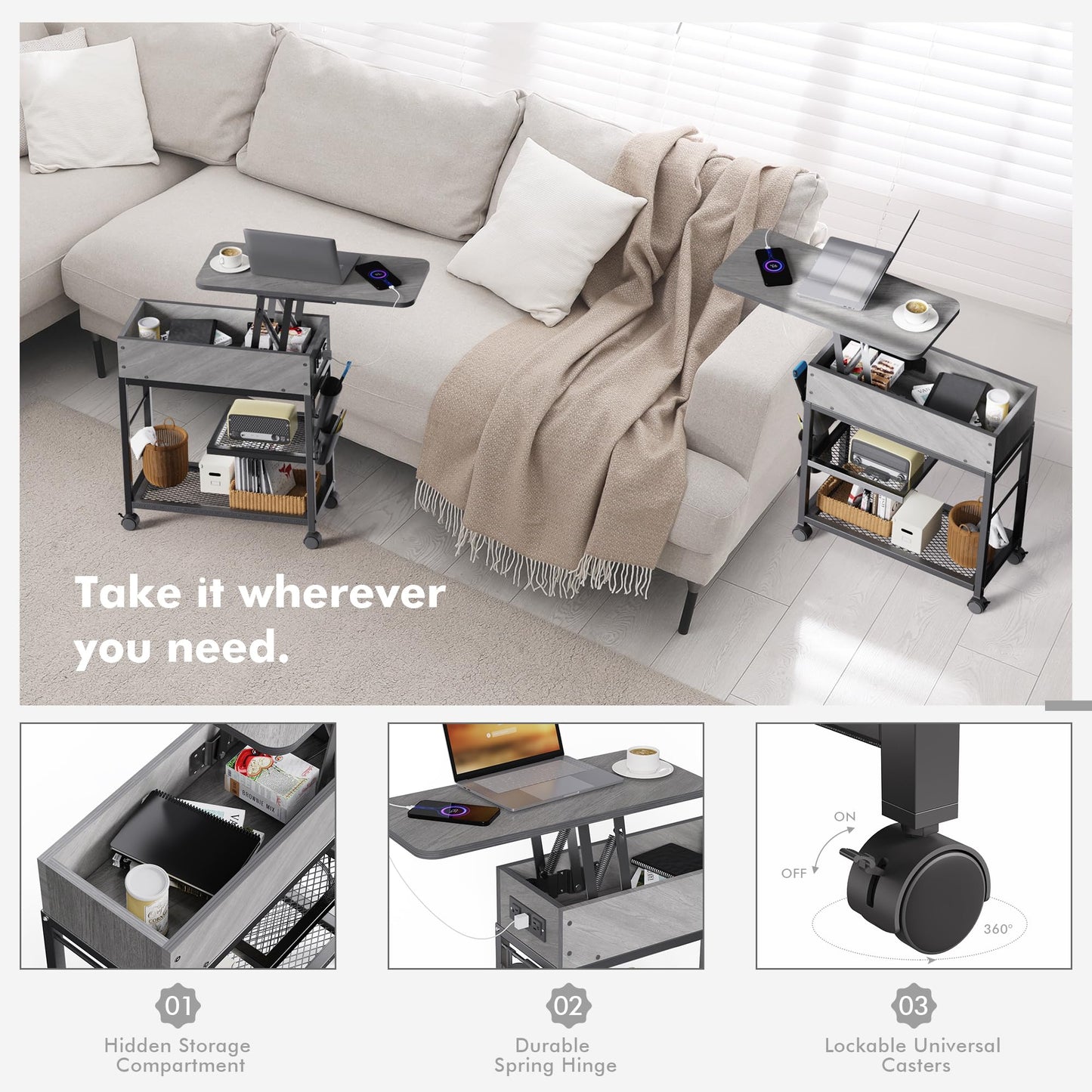 Colima Lift Top End Table with Charging Station and Wheels, Sofa Side Table with USB port