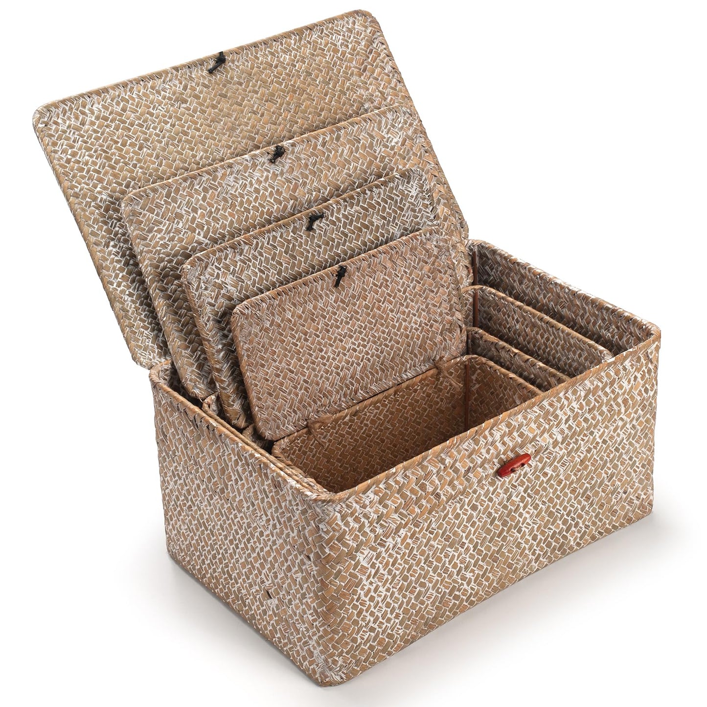 4 Pack, Wicker Baskets with Lids, Nautral Seagrass Storage Baskets, Woven Rectangular Basket Bins, Rattan Storage Organizer for Shelf