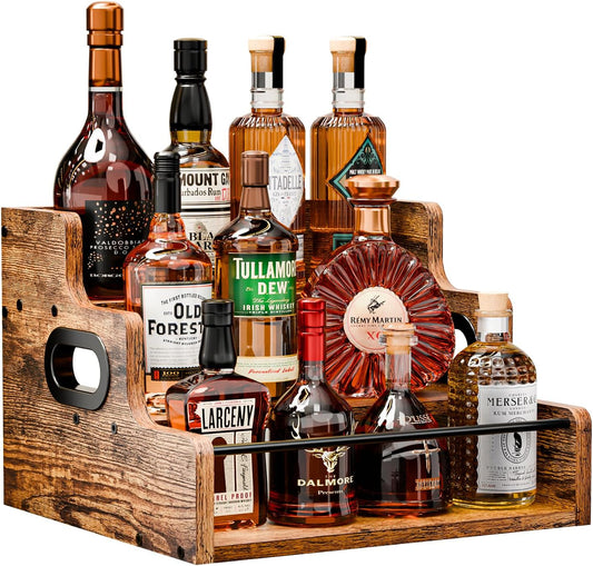KLM Liquor Bottle Display Shelf, Coffee Syrup Rack Organizer, 3 Step Countertop Wine Rack, Mini Bar