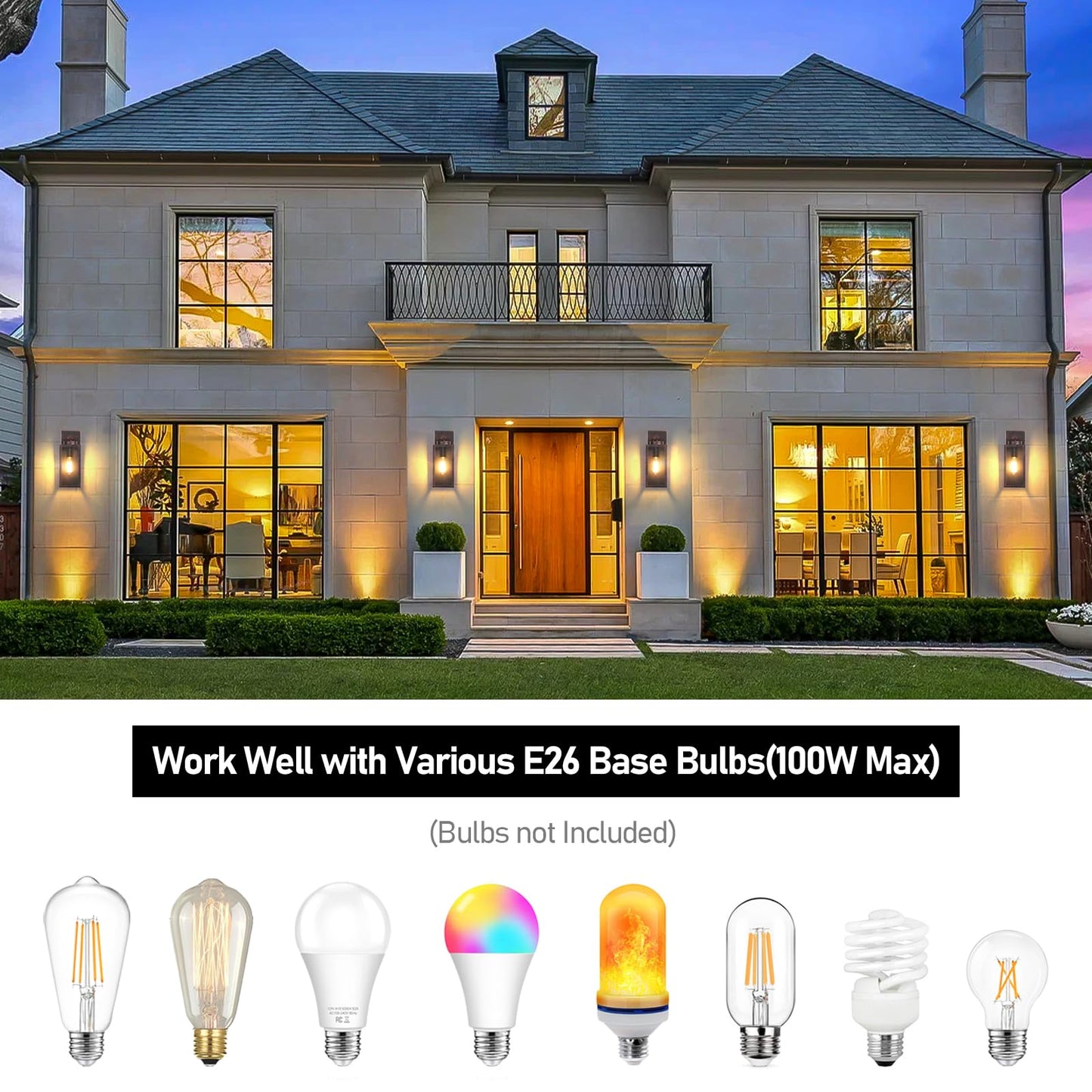 Outdoor Wall Light Fixtures, Exterior Waterproof Wall Lanterns, Porch Sconces Lighting with E26 Sockets & Glass Shades, Modern Matte Black Outside Lights for Patio Front Door Entryway Garage, 2-Pack