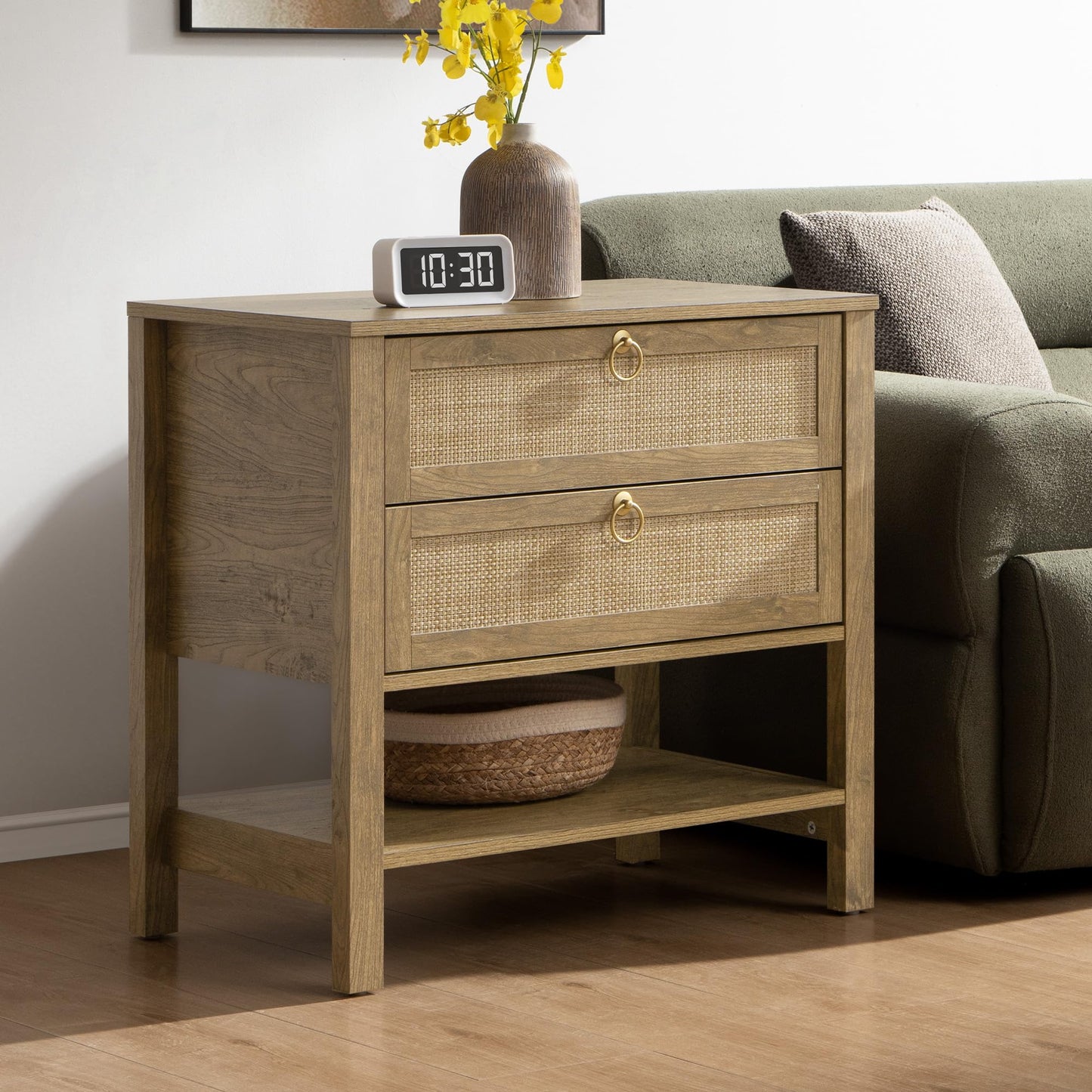 SICOTAS Night Stand Set of 2, Large Nightstand with Drawers and Storage Shelf - Rattan Boho Bedside Table Narrow Side Table for Bedroom, Small Space
