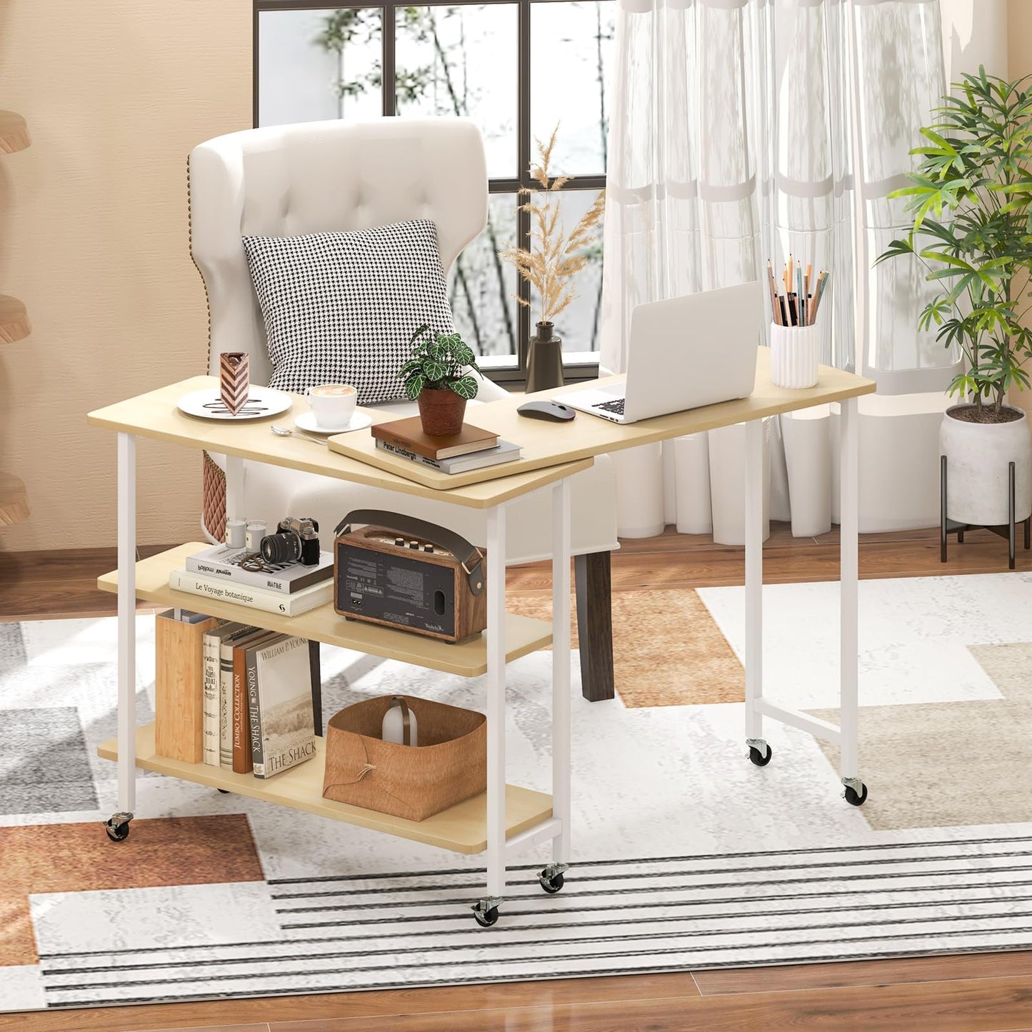 Tangkula 360° Rotating Sofa Side Table, Patented Mobile End Table with 2-Tier Storage Shelves, Swivel Rolling Desk with 6 Lockable Casters