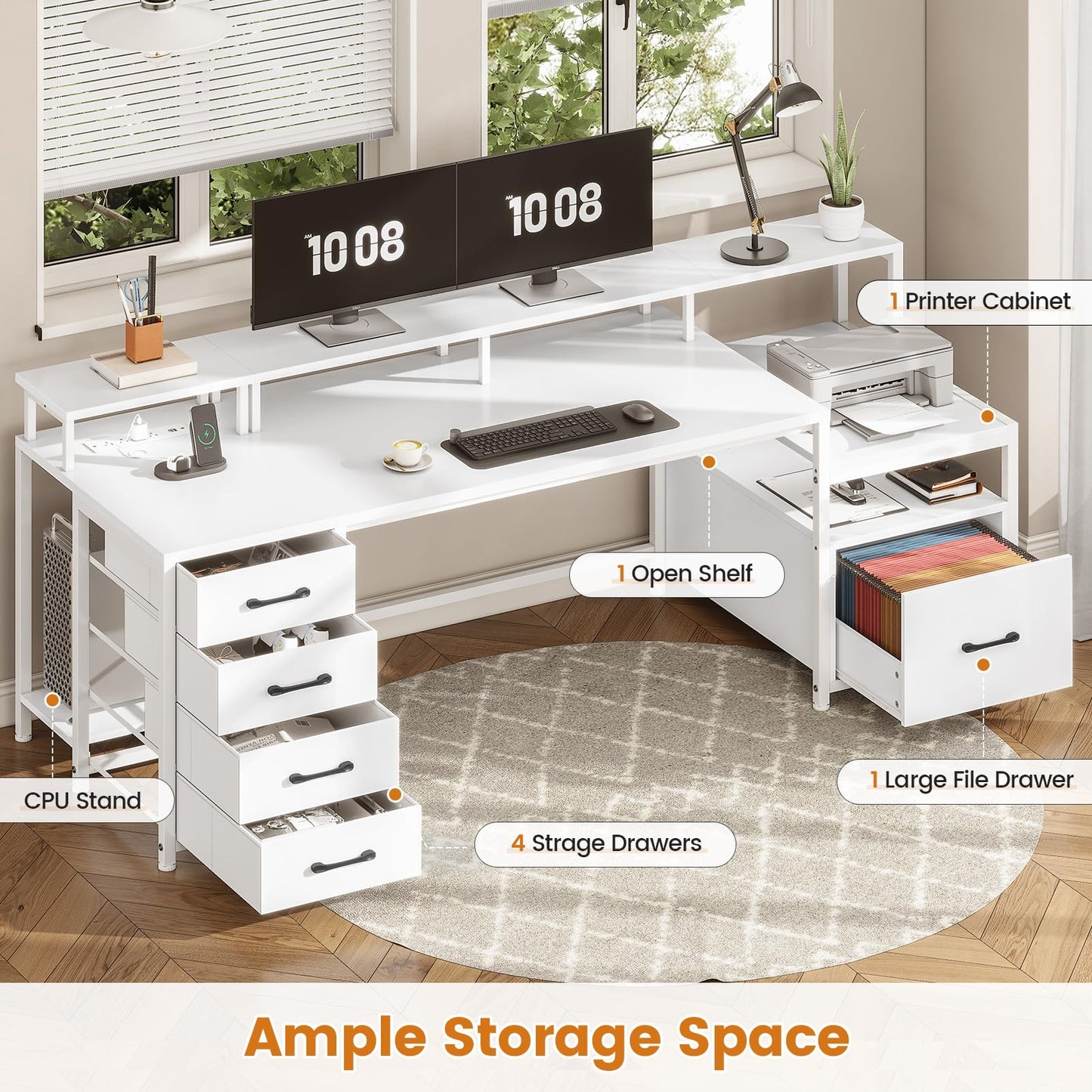 SEDETA Home Office Desk with File Drawer & Power Outlet, 66'' Computer Desk with 5 Drawer, Storage Shelves, Printer Cabinet and Monitor Shelf, Gaming Desk with Led Lights, Rustic Brown