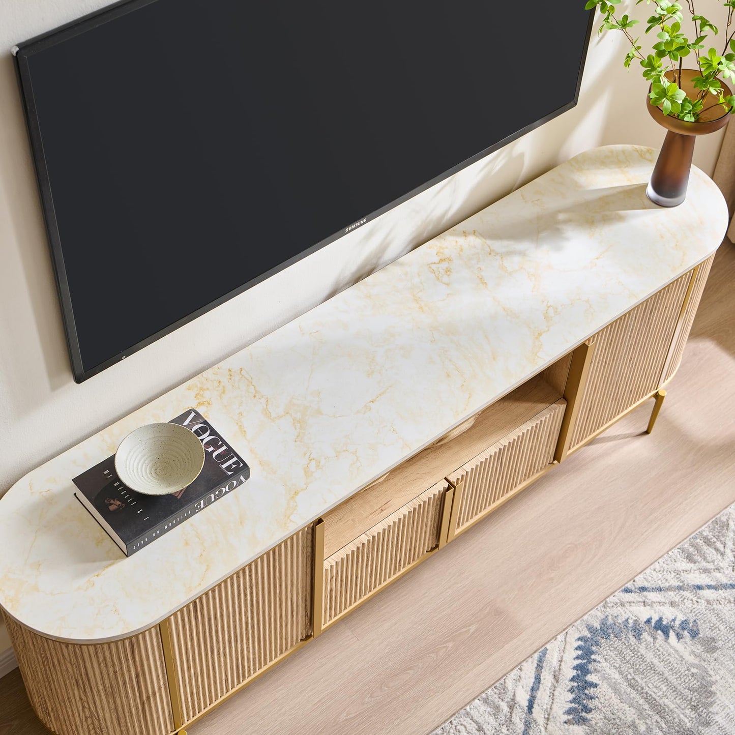 OKD Luxury 70" Fluted TV Stand, Modern Chic Entertainment Center for TVs Up to 80 inches, TV Console with Faux Marble Top, Curved Profile Design, Media Console for Living Room, Navy Blue