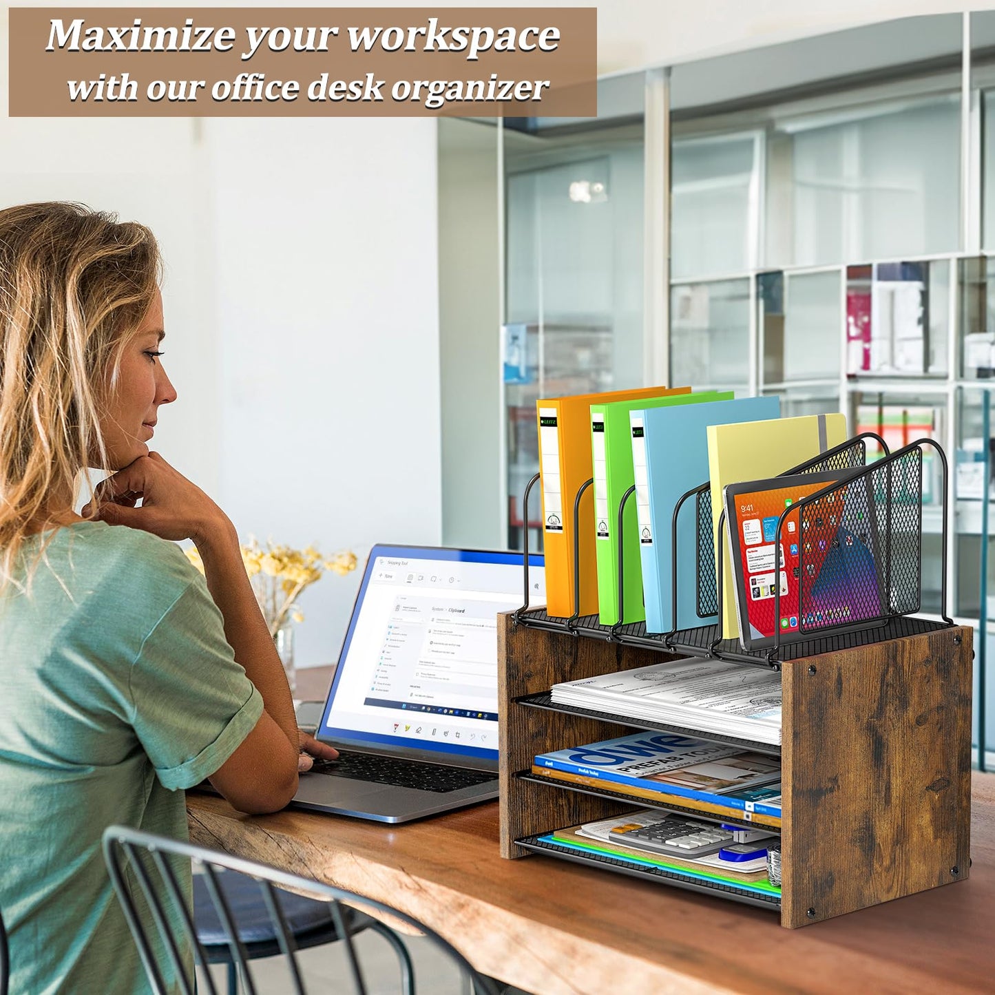 4-Tier Mesh Desk Organizer, Wooden Desk File Organizer with 5 Vertical File Holders and 2 Pen Holders, Desktop Organizers and Accessories with Drawer for Home Office