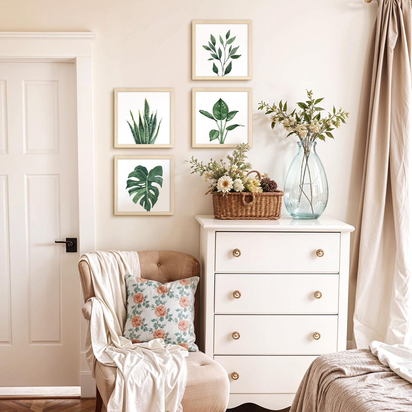 ArtbyHannah Framed Bathroom Wall Decor, 10x10 Inch Botanical Wall Art with Sage Green Plant Print for Wall Decoration, Minimalist Restroom Decor (Walnut)