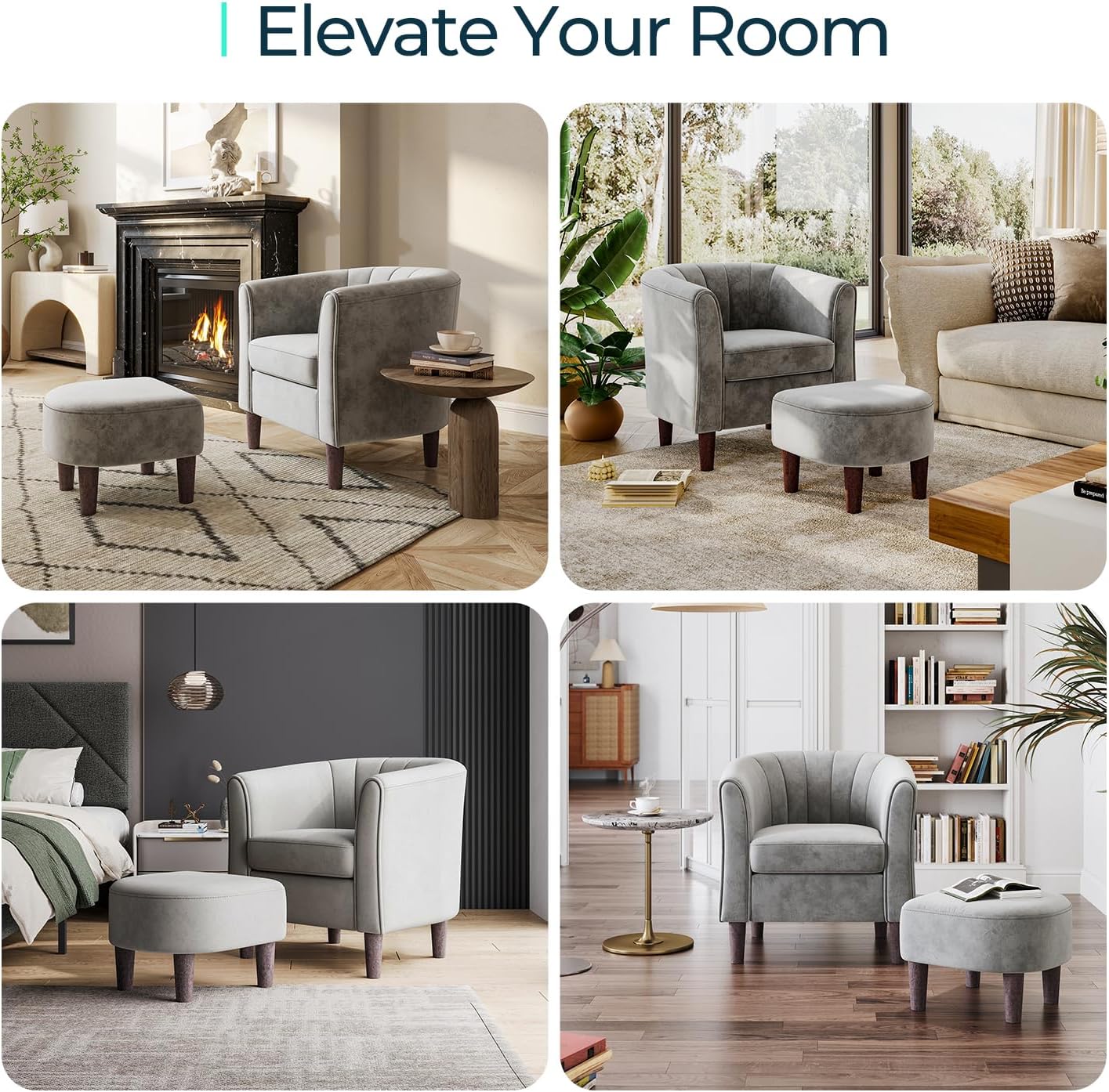 LINSY Accent Chair with Ottoman, Modern Barrel Chair Comfy Armchair with Footrest