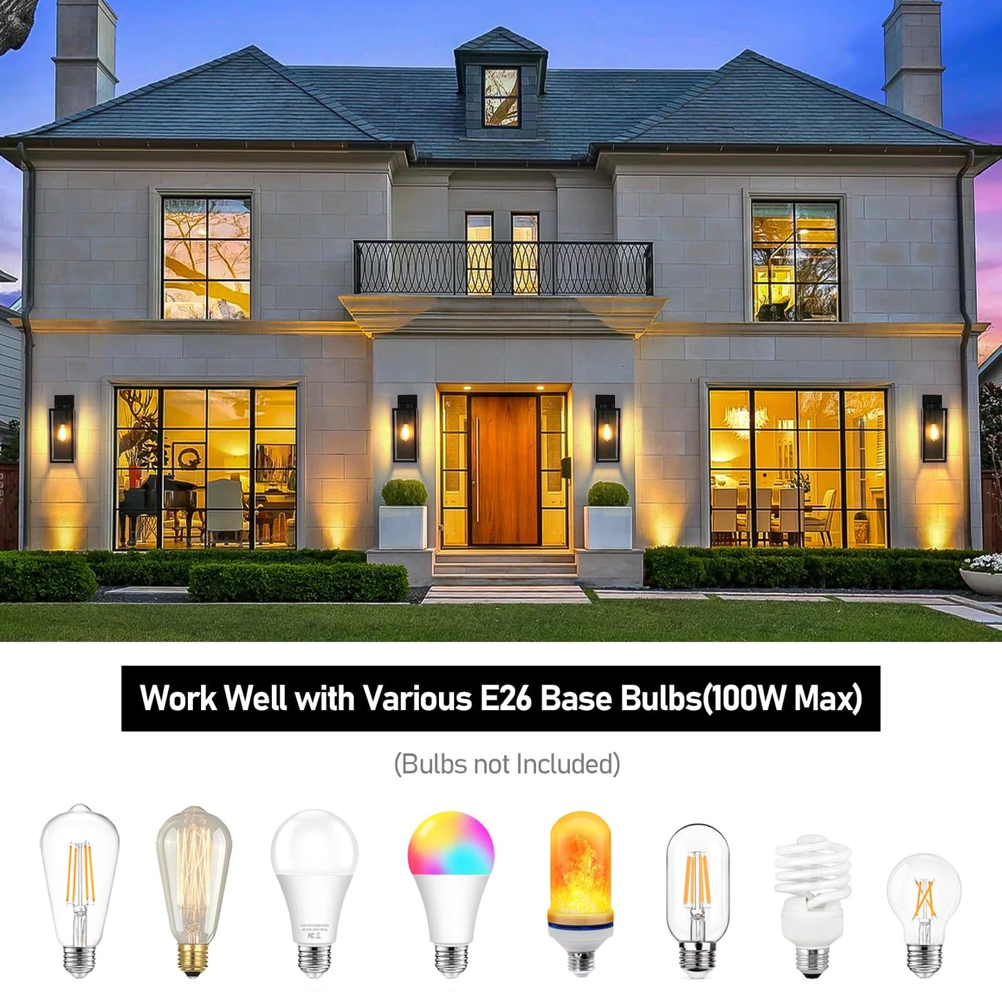 Outdoor Wall Light Fixtures, Exterior Waterproof Wall Lanterns, Porch Sconces Lighting with E26 Sockets & Glass Shades, Modern Matte Black Outside Lights for Patio Front Door Entryway Garage, 2-Pack