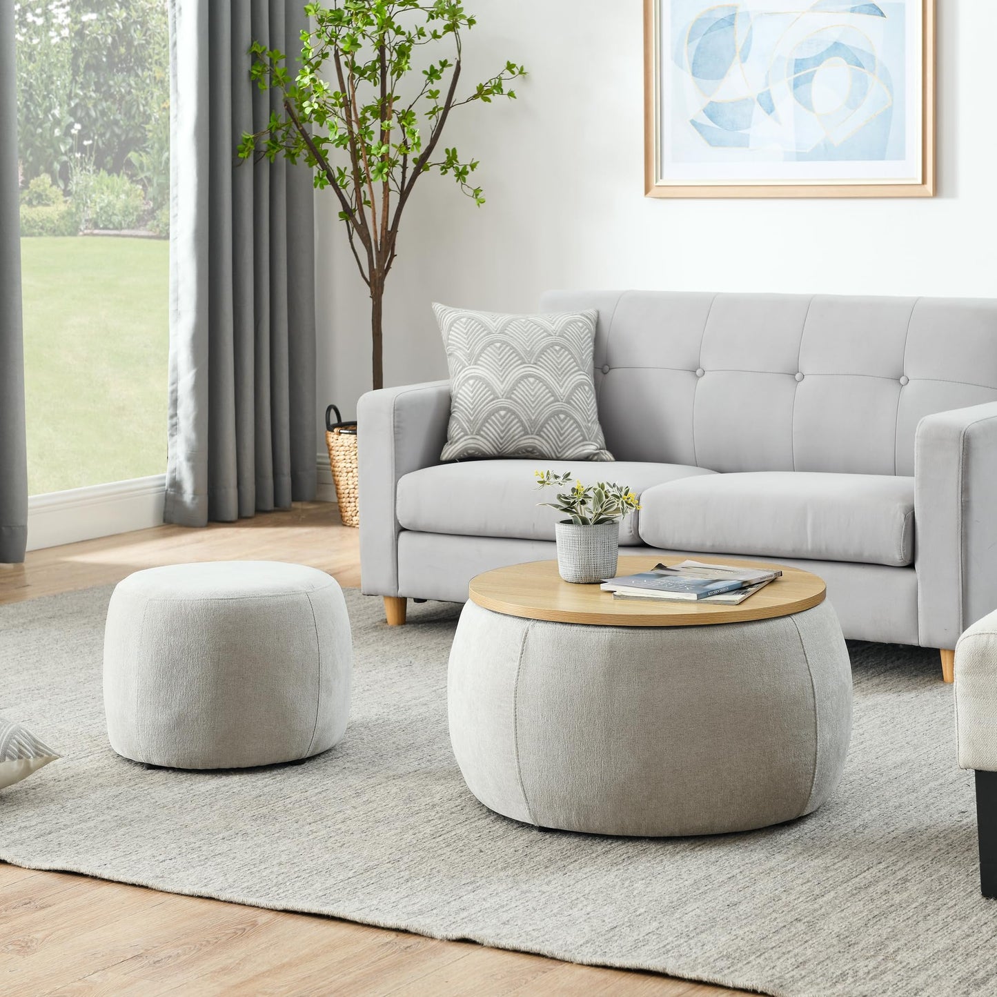 2-Piece Set Round Chenille Storage Ottoman, Equipped with a Drum Shaped Small Stool, Storage Space
