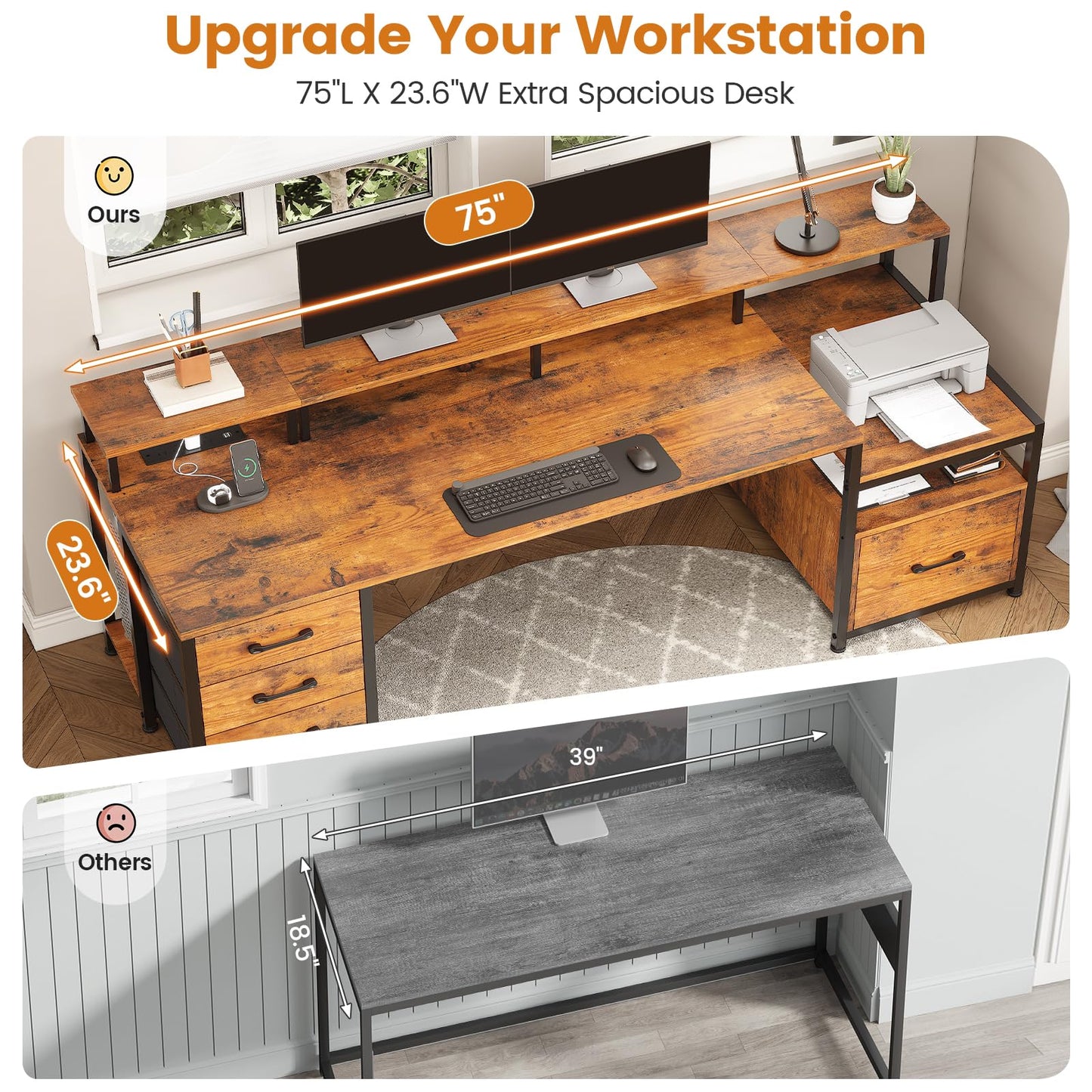 SEDETA Home Office Desk with File Drawer & Power Outlet, 66'' Computer Desk with 5 Drawer, Storage Shelves, Printer Cabinet and Monitor Shelf, Gaming Desk with Led Lights, Rustic Brown
