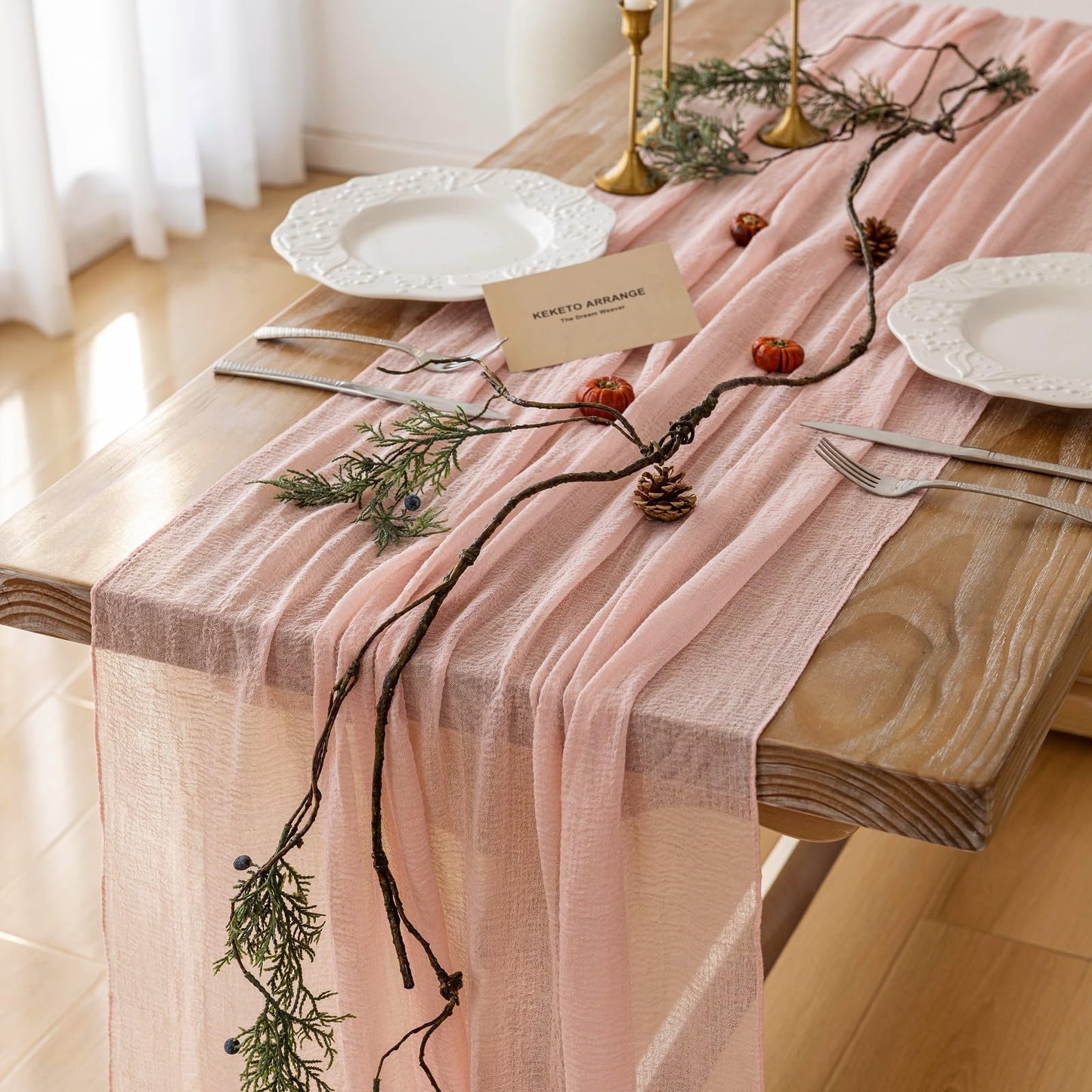 Keketo Fall Table Runner Terracotta Rust Gauze 120 Inch 10 FT Rustic Burnt Orange Cheese Cloth for Wedding Baby Bridal Shower Party Centerpiece Sheer Thanksgiving Fall Decorations