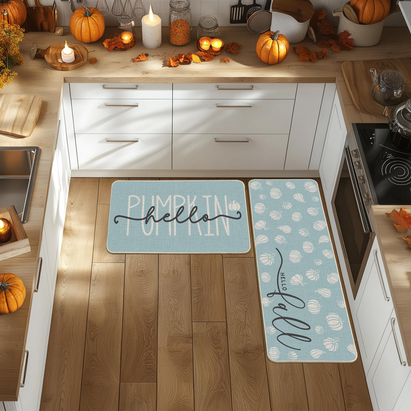 Artoid Mode Orange Hello Pumpkin Fall Kitchen Mats Set of 2, Autumn Home Decor Low-Profile Kitchen Rugs for Floor - 17x29 and 17x47 Inch