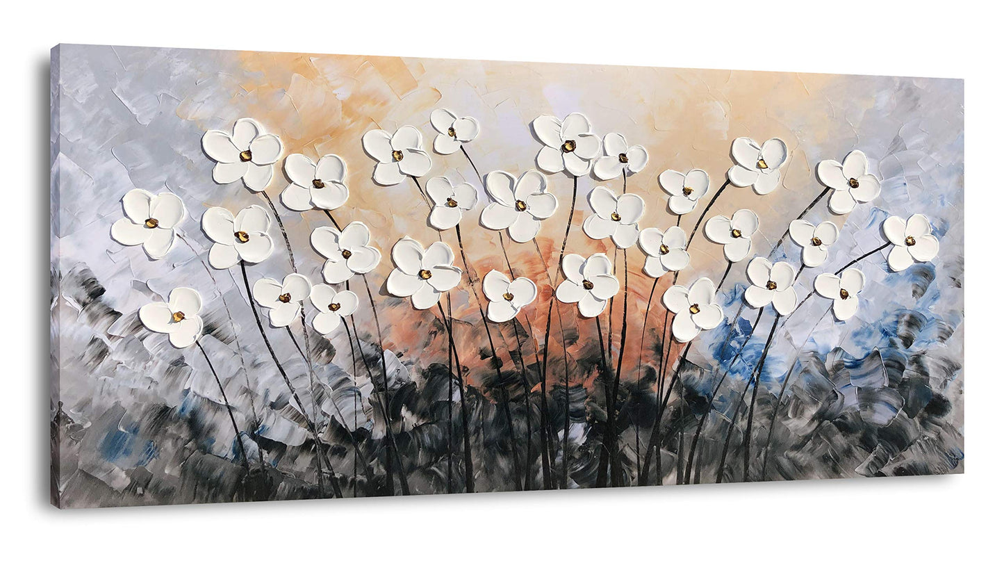 Yihui Arts White Flower Canvas Wall Art Hand Painted 3D Colorful Oil Painting Modern Aestheric Pictures for Living Room Bedroom Dinning Decoration