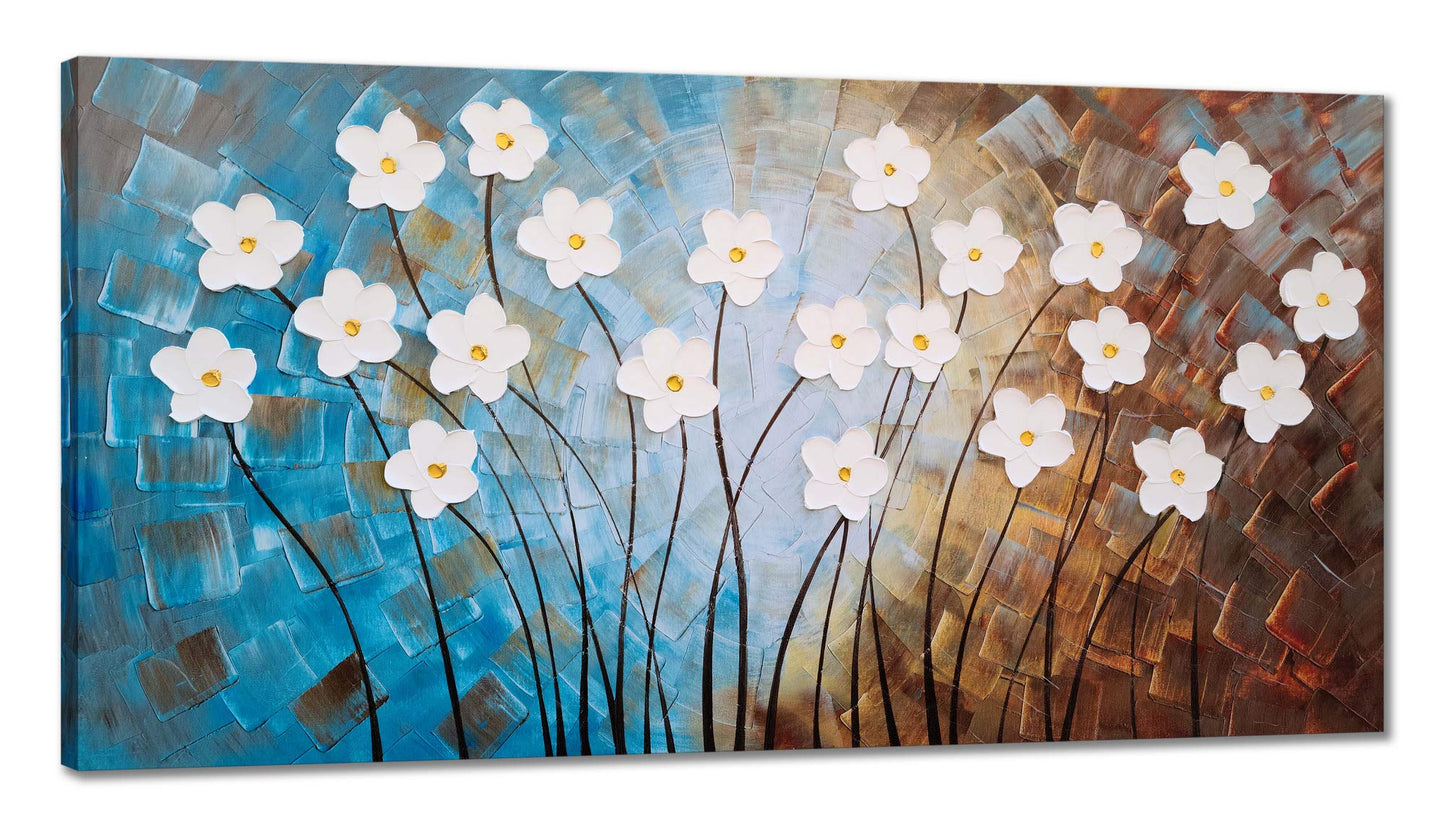Yihui Arts White Flower Canvas Wall Art Hand Painted 3D Colorful Oil Painting Modern Aestheric Pictures for Living Room Bedroom Dinning Decoration