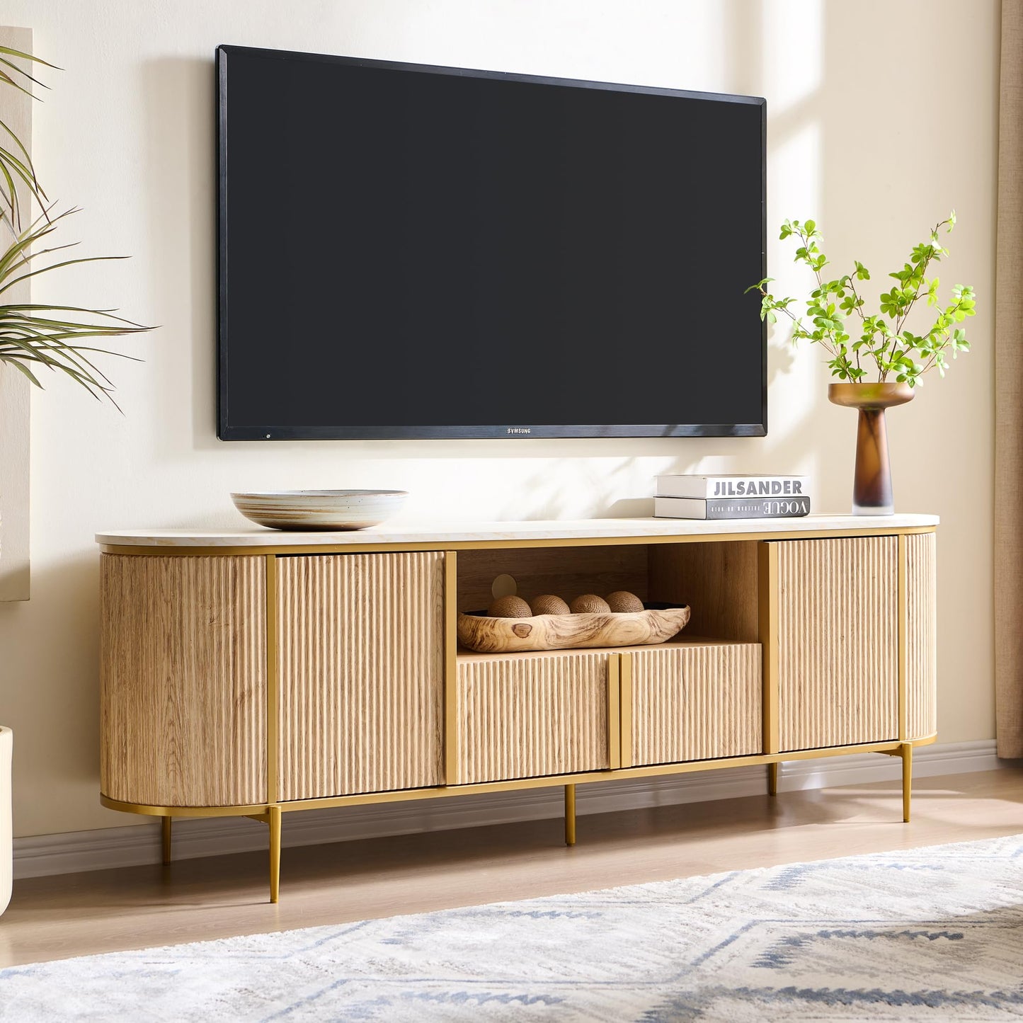 OKD Luxury 70" Fluted TV Stand, Modern Chic Entertainment Center for TVs Up to 80 inches, TV Console with Faux Marble Top, Curved Profile Design, Media Console for Living Room, Navy Blue