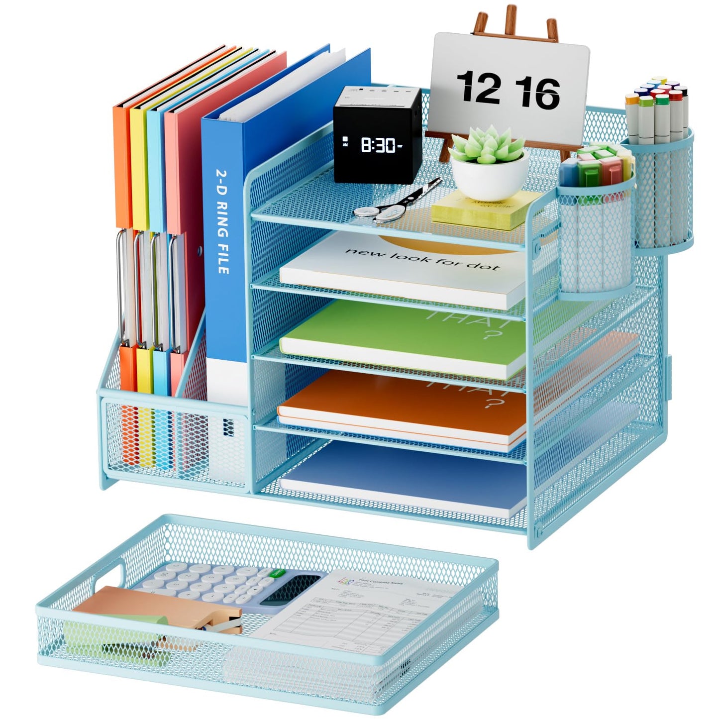 Marbrasse Desk Organizer with File Holder, 5-Tier Paper Letter Tray Organizer with Drawer and 2 Pen Holder, Mesh Desktop Organizer and Storage with Magazine Holder for Office Supplies(Black)