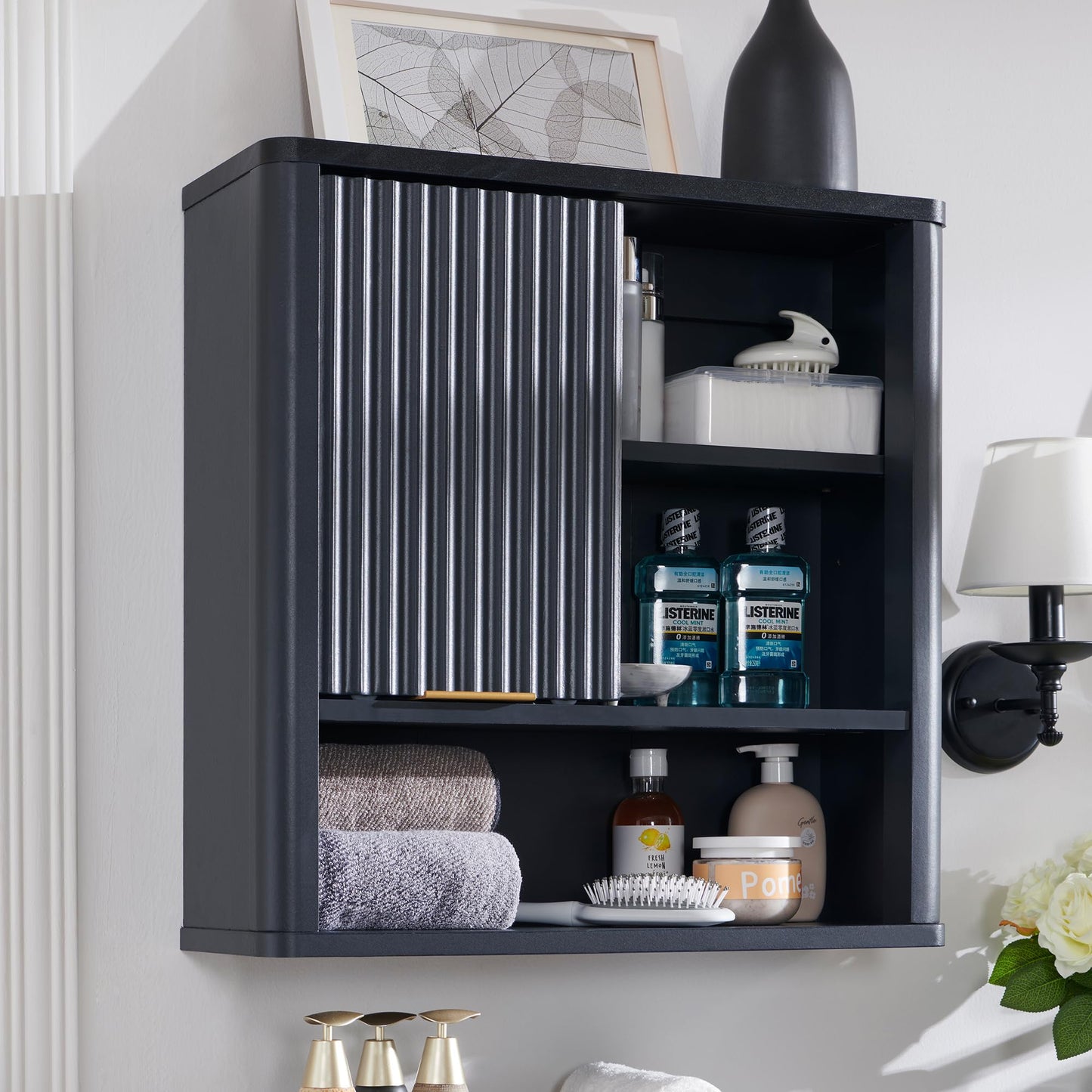 RedLemon Bathroom Wall Cabinet w/Fluted Sliding Door, Modern Medicine Cabinet w/Faux Marble Top & Adjustable Shelf, Curved Profile Wall Mounted Storage Organizer, Natural Oak Color