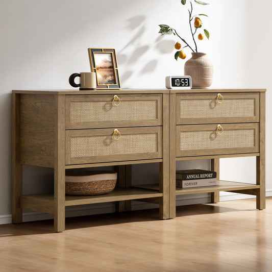 SICOTAS Night Stand Set of 2, Large Nightstand with Drawers and Storage Shelf - Rattan Boho Bedside Table Narrow Side Table for Bedroom, Small Space