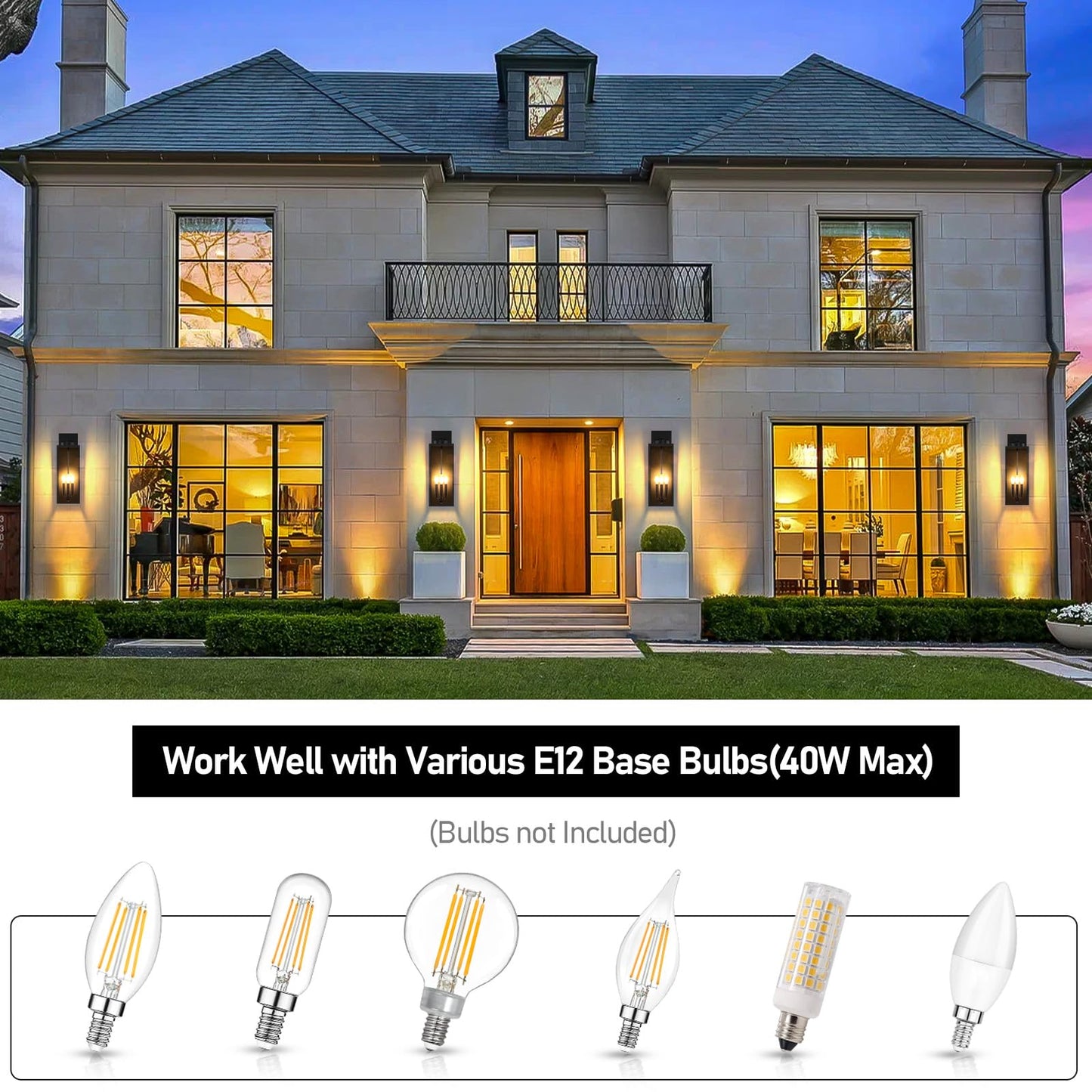 Outdoor Wall Light Fixtures, Exterior Waterproof Wall Lanterns, Porch Sconces Lighting with E26 Sockets & Glass Shades, Modern Matte Black Outside Lights for Patio Front Door Entryway Garage, 2-Pack