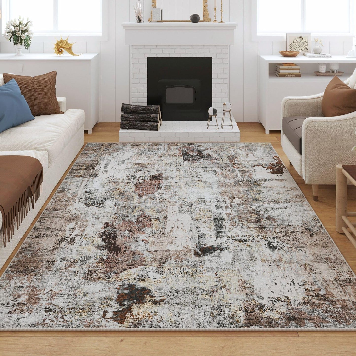 Washable Rug Boho Soft Abstract Pattern Non-Slip Area Rug 5x7  Non-Shedding Faux Wool Vintage