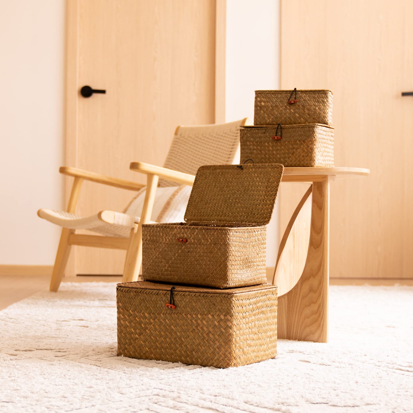 4 Pack, Wicker Baskets with Lids, Nautral Seagrass Storage Baskets, Woven Rectangular Basket Bins, Rattan Storage Organizer for Shelf