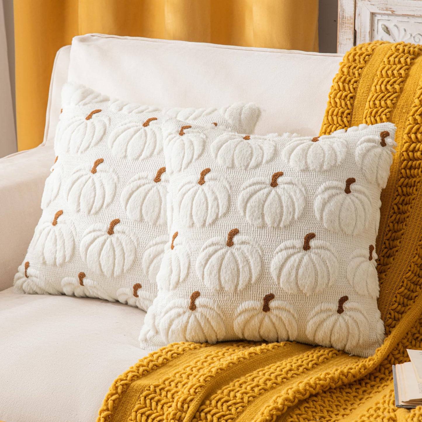 Pumpkin Fall Decorative Throw Pillow Covers 18"x18", Set of 2 Rust Red Soft Faux Fur