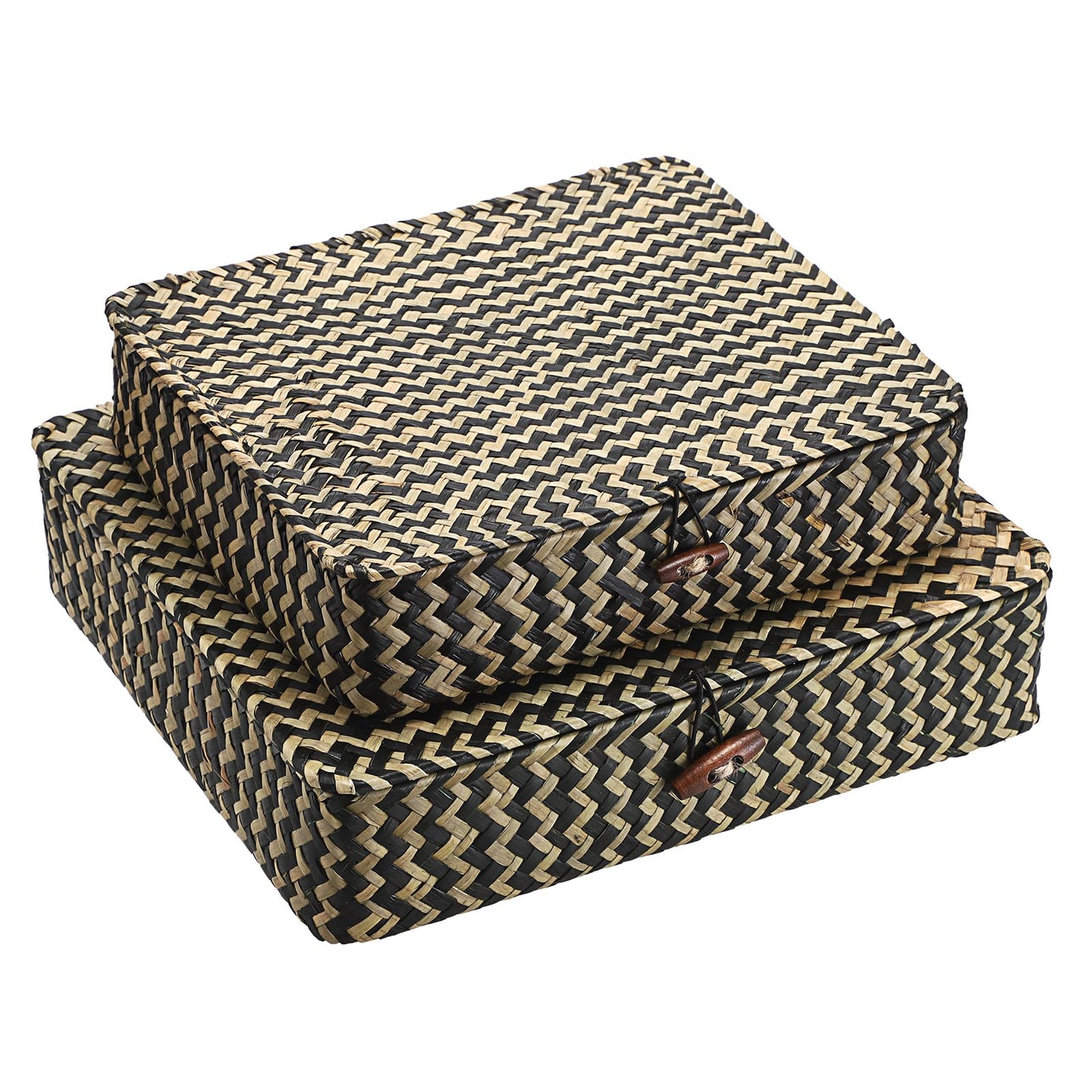 Hipiwe Set of 2 Flat Woven Wicker Storage Bins with Lid Natural Seagrass Basket Multipurpose Home Boxes for Shelf Organizer (Coffee)