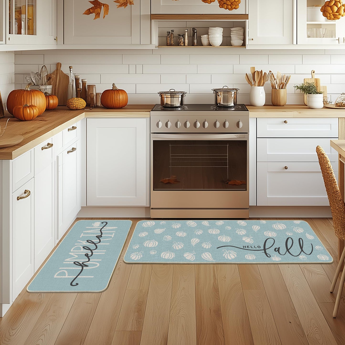 Artoid Mode Orange Hello Pumpkin Fall Kitchen Mats Set of 2, Autumn Home Decor Low-Profile Kitchen Rugs for Floor - 17x29 and 17x47 Inch