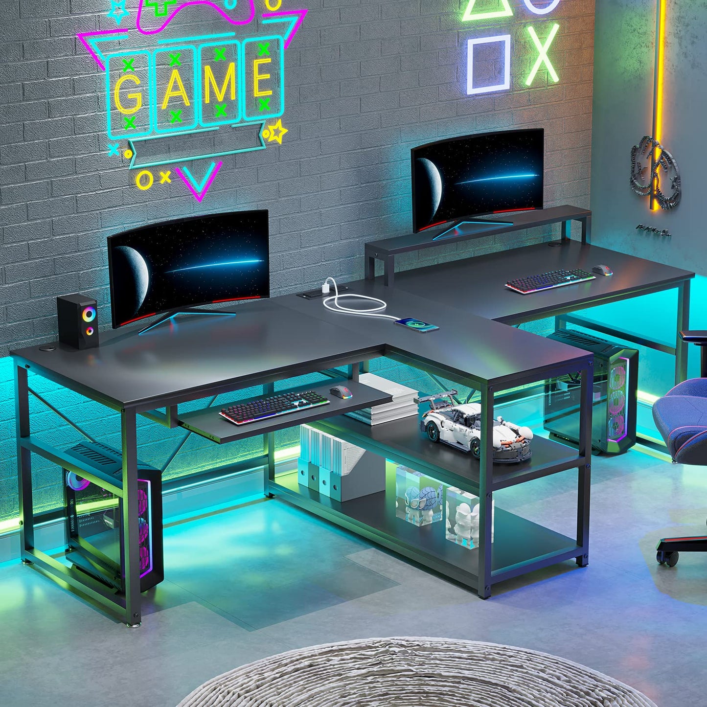 SEDETA 94.5" Home Office Desks, Computer Gaming Desk with Storage, LED Lights, Power Strip with USB, Keyboard Tray & Monitor Stand, Extra Long Double Desk for 2 Person