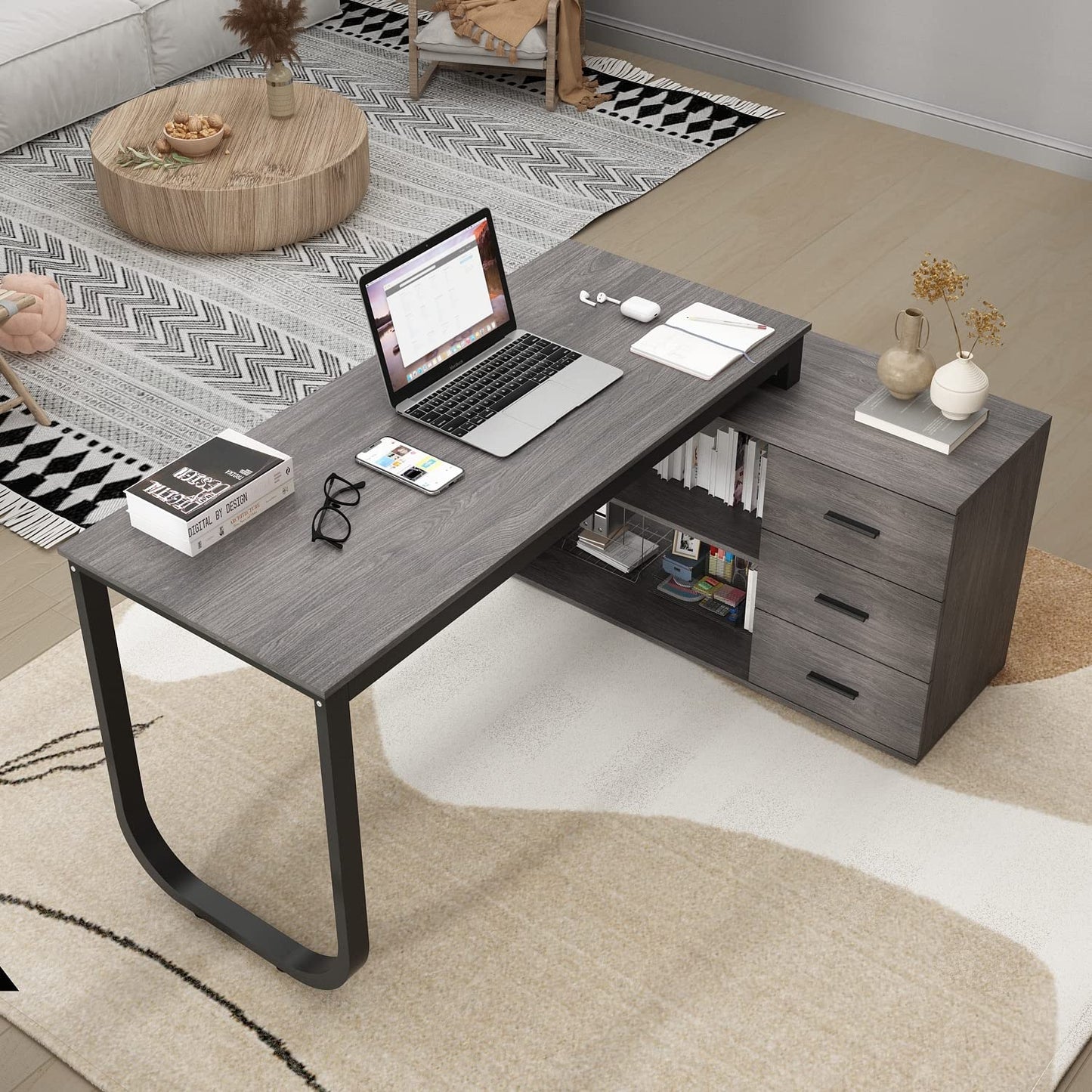 Homsee Home Office Computer Desk Corner Desk with 3 Drawers, 2 Shelves & 2 Doors, 55 Inch Large L-Shaped Study Writing Table with Storage Cabinet, Black & Brown