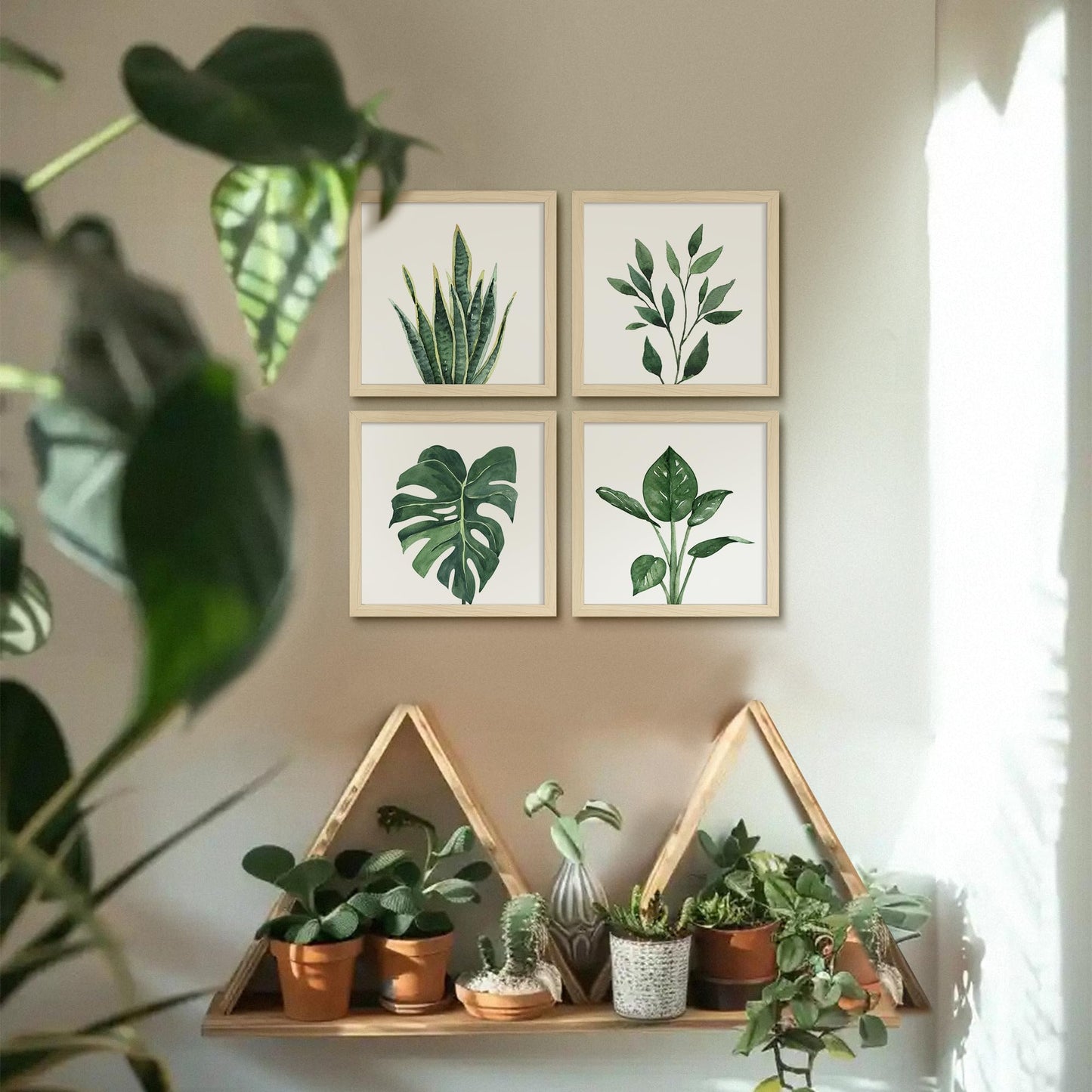 ArtbyHannah Framed Bathroom Wall Decor, 10x10 Inch Botanical Wall Art with Sage Green Plant Print for Wall Decoration, Minimalist Restroom Decor (Walnut)
