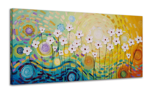 Yihui Arts White Flower Canvas Wall Art Hand Painted 3D Colorful Oil Painting Modern Aestheric Pictures for Living Room Bedroom Dinning Decoration