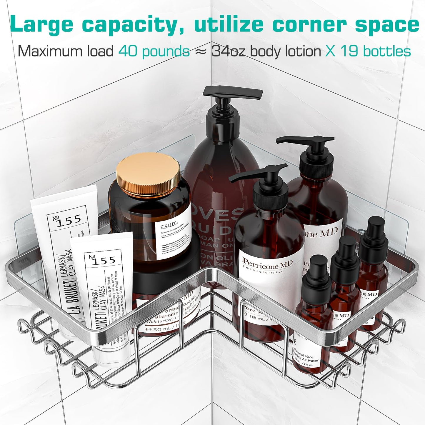 YASONIC Corner Adhesive Shower Caddy, with Soap Holder and 12 Hooks, Rustproof Stainless Steel Bathroom Organizer, No Drilling Wall Mounted Rack, Black, 3-Pack