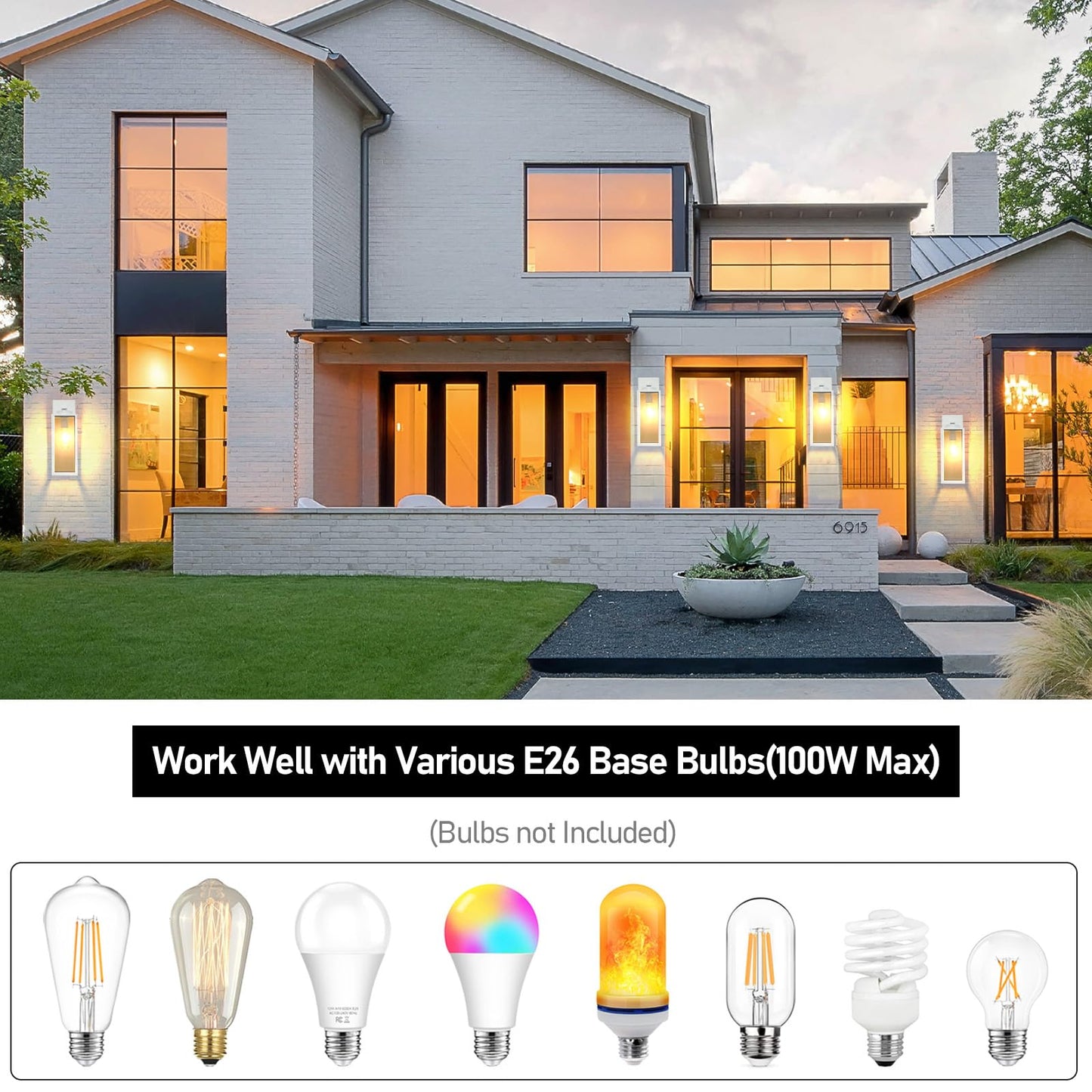 Outdoor Wall Light Fixtures, Exterior Waterproof Wall Lanterns, Porch Sconces Lighting with E26 Sockets & Glass Shades, Modern Matte Black Outside Lights for Patio Front Door Entryway Garage, 2-Pack