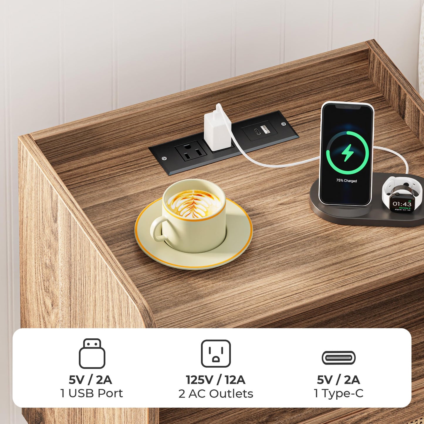 SUPERJARE Nightstands Set of 2, Night Stands with Charging Station & PE Rattan Decor Drawer, Bed Side Tables with Solid Wood Feet, End Table, for Bedroom, Living Room - Natural