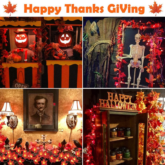 TURNMEON 2 Pack Fall Decor Enlarged Maples Leafed Halloween Fall Decorations for Home Fall Lights Thick Leafs Garlands, Total 20Ft 40LED Battery Operated Waterproof Thanksgiving Decor Indoor Outdoor