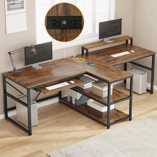 SEDETA 94.5" Home Office Desks, Computer Gaming Desk with Storage, LED Lights, Power Strip with USB, Keyboard Tray & Monitor Stand, Extra Long Double Desk for 2 Person