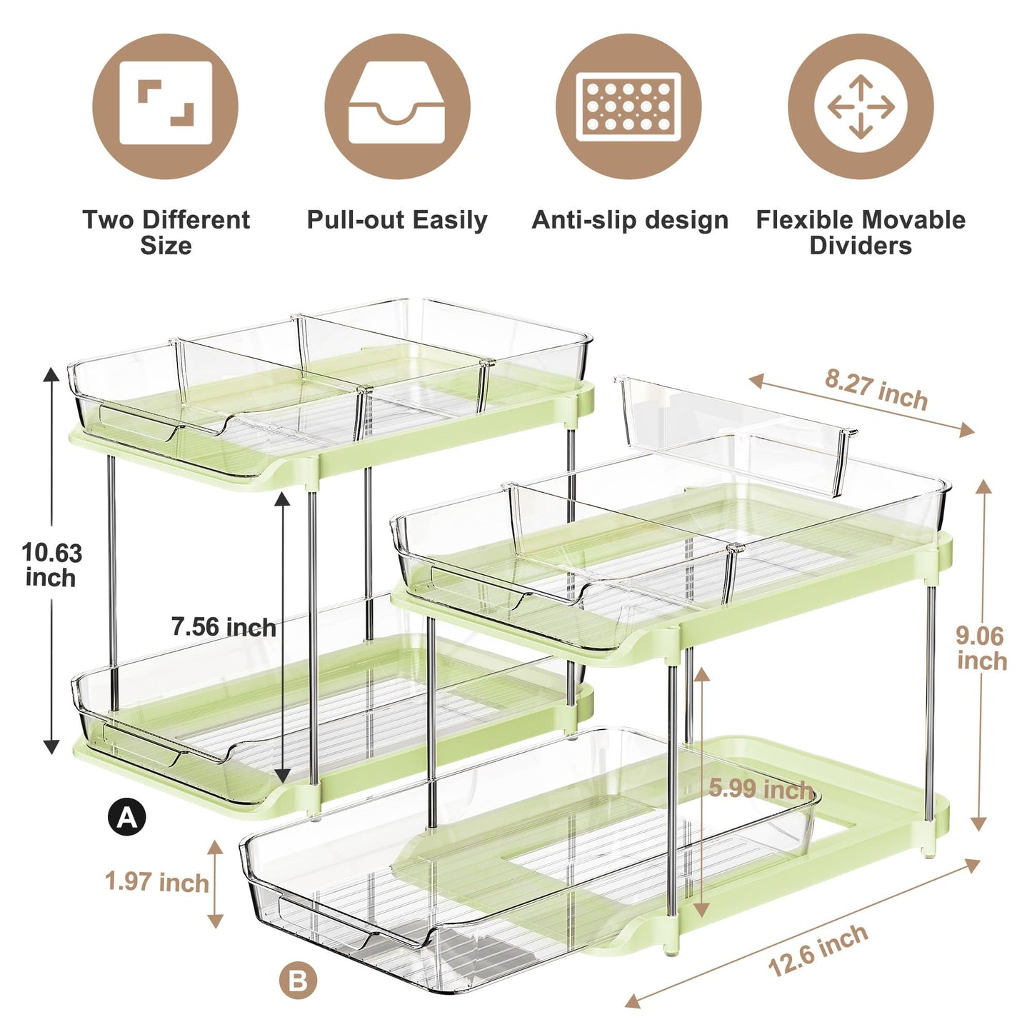 Delamu 2 Sets of 2-Tier Multi-Purpose Bathroom Under Sink Organizers and Storage, Stackable Kitchen Pantry Organization