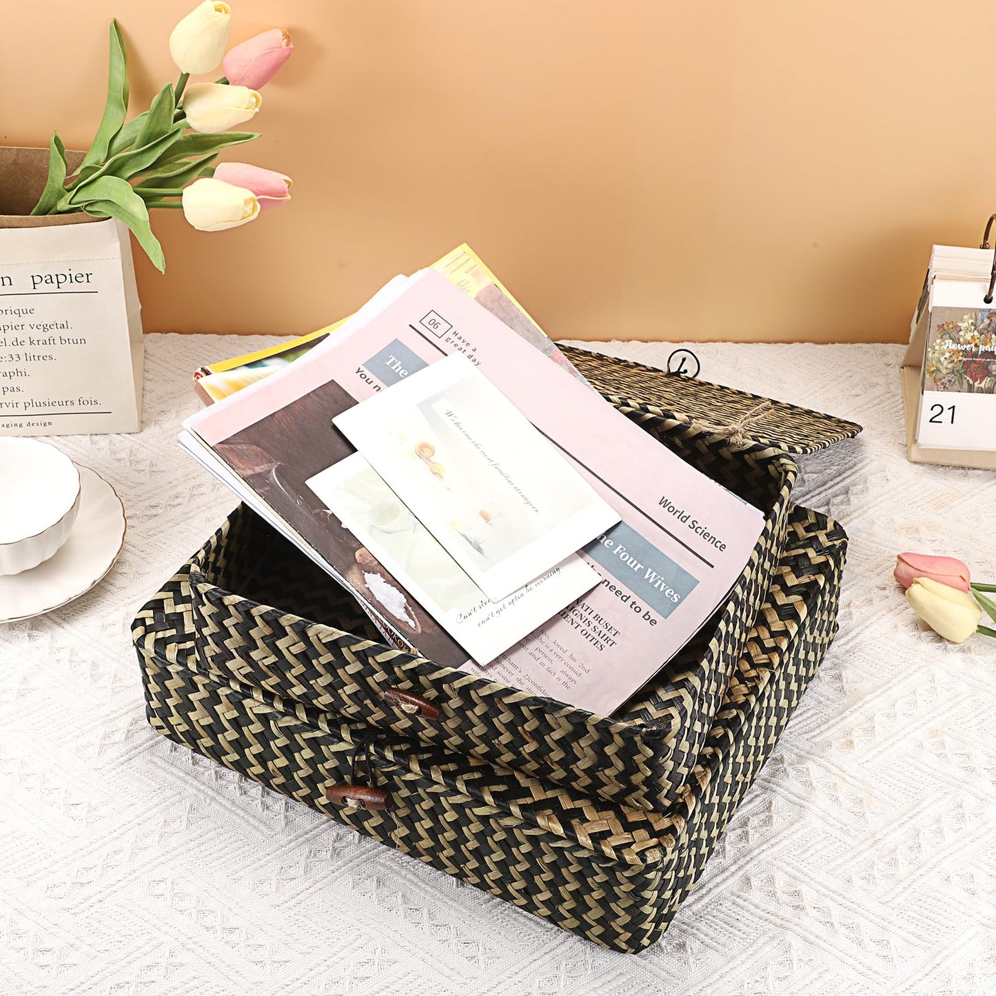Hipiwe Set of 2 Flat Woven Wicker Storage Bins with Lid Natural Seagrass Basket Multipurpose Home Boxes for Shelf Organizer (Coffee)