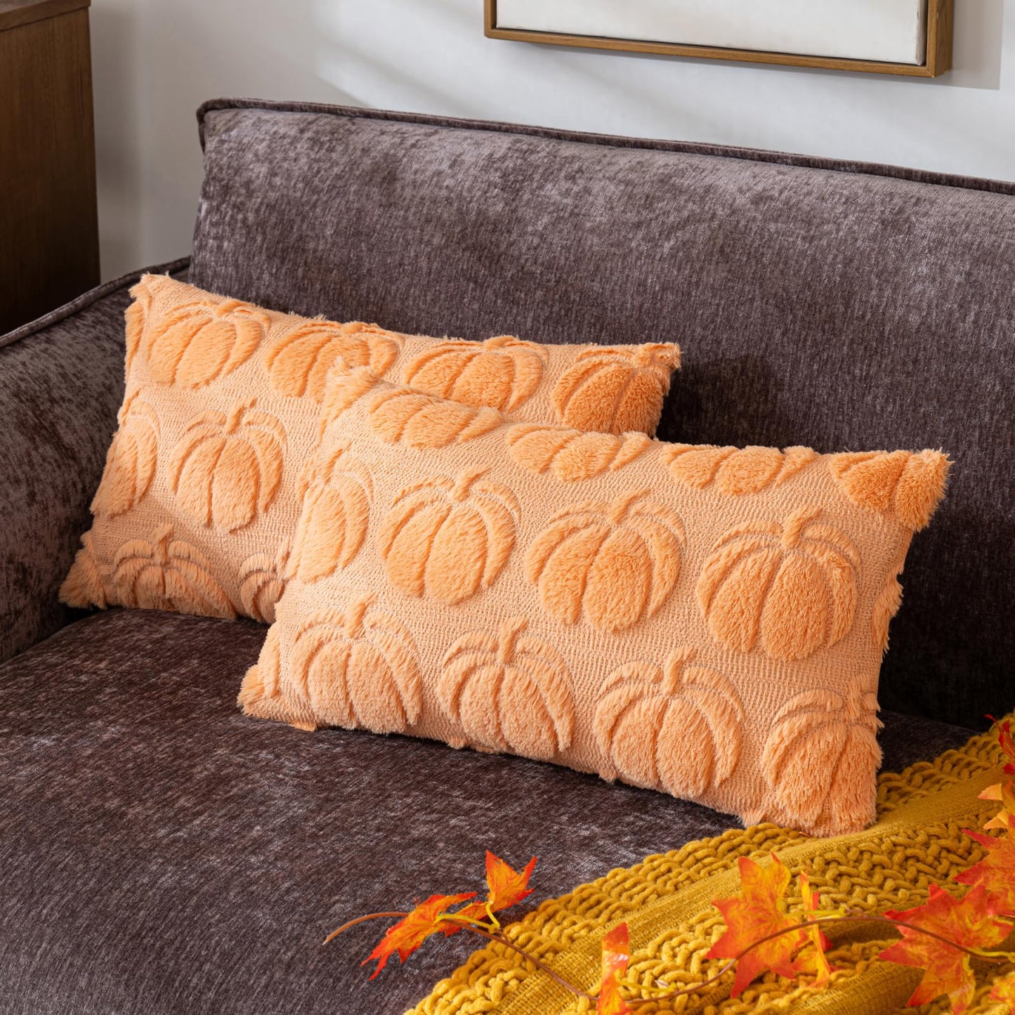 Pumpkin Fall Decorative Throw Pillow Covers 18"x18", Set of 2 Rust Red Soft Faux Fur
