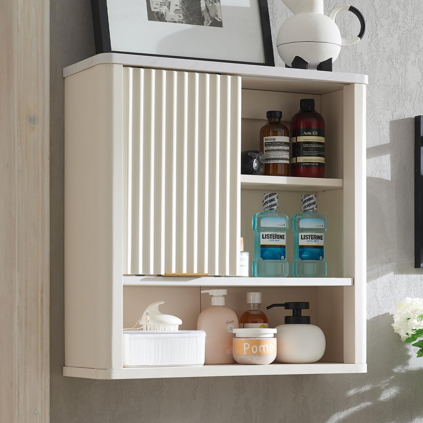 RedLemon Bathroom Wall Cabinet w/Fluted Sliding Door, Modern Medicine Cabinet w/Faux Marble Top & Adjustable Shelf, Curved Profile Wall Mounted Storage Organizer, Natural Oak Color