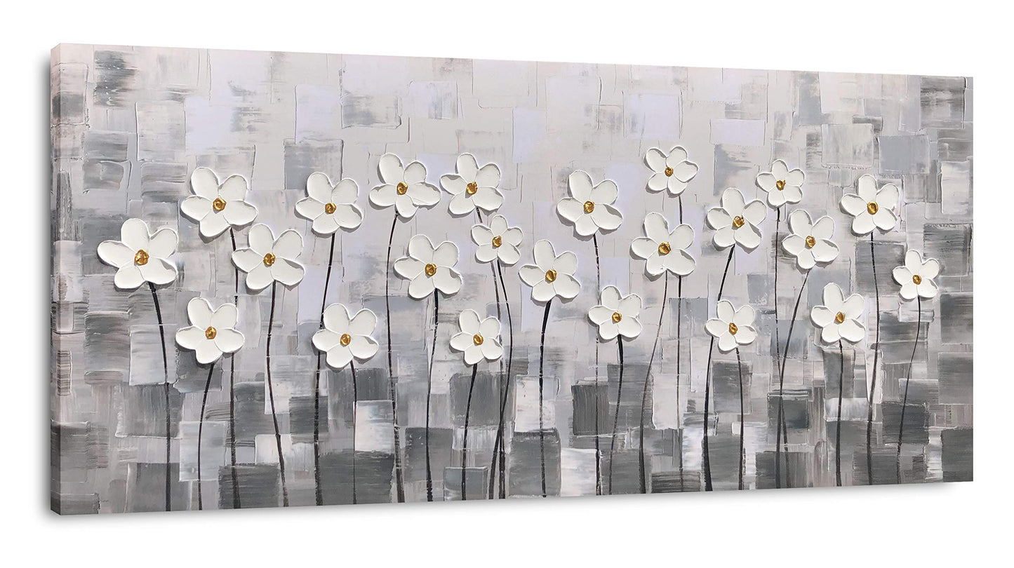 Yihui Arts White Flower Canvas Wall Art Hand Painted 3D Colorful Oil Painting Modern Aestheric Pictures for Living Room Bedroom Dinning Decoration