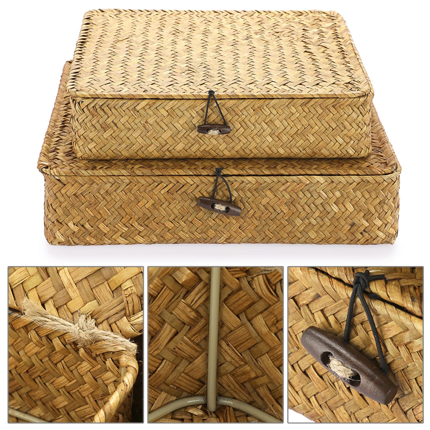 Hipiwe Set of 2 Flat Woven Wicker Storage Bins with Lid Natural Seagrass Basket Multipurpose Home Boxes for Shelf Organizer (Coffee)
